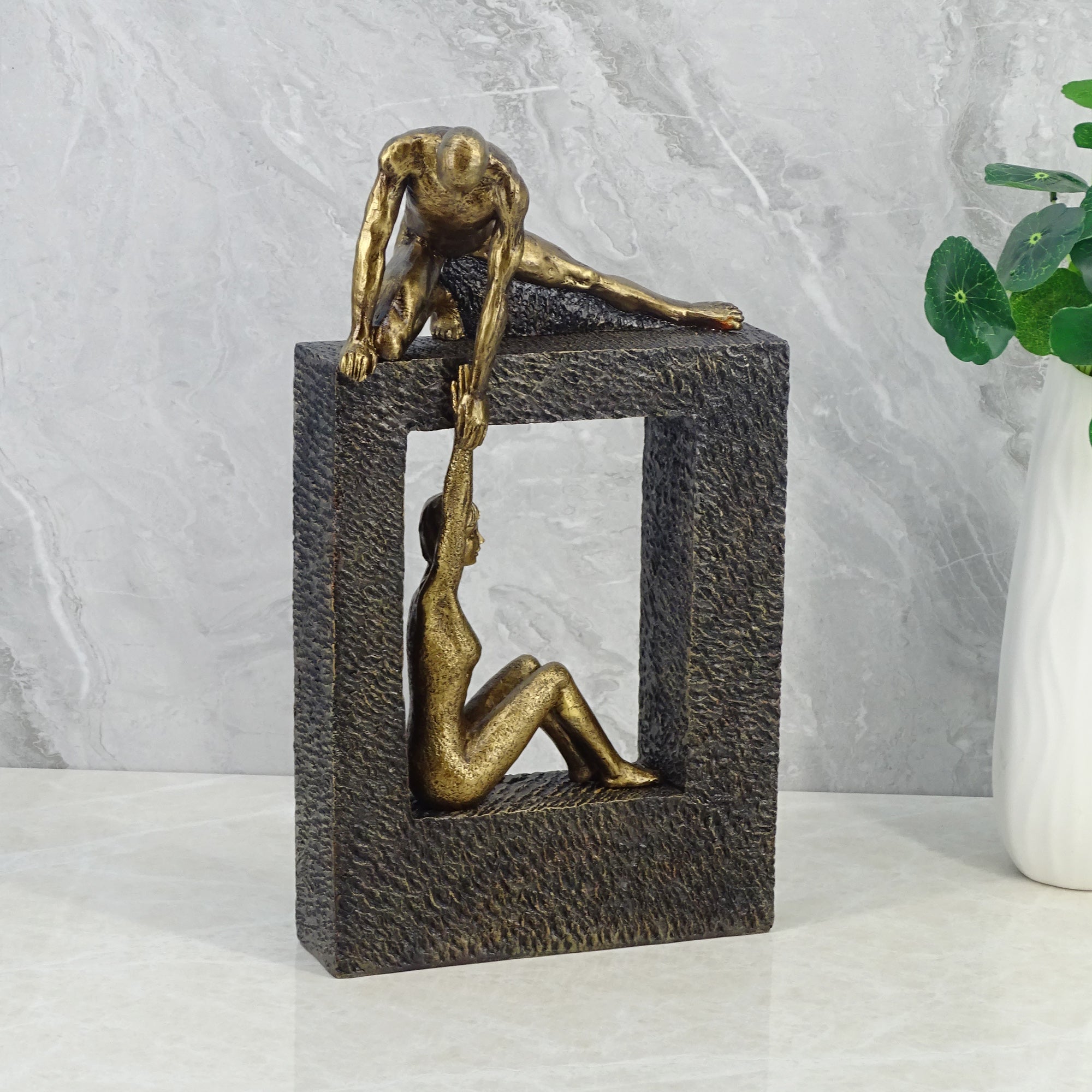 Willow Polyresin Man Holdng Sitting Woman 28 Cm in Brown And Gold Colour