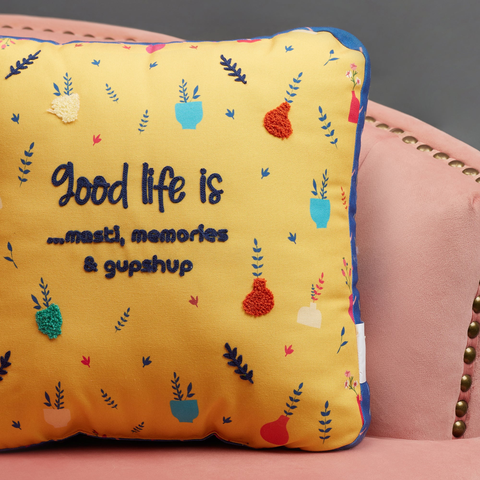 Good Life  Reversible GupShup Digital Printed Shaped Cushion 40x40 Cm in Yellow Colour