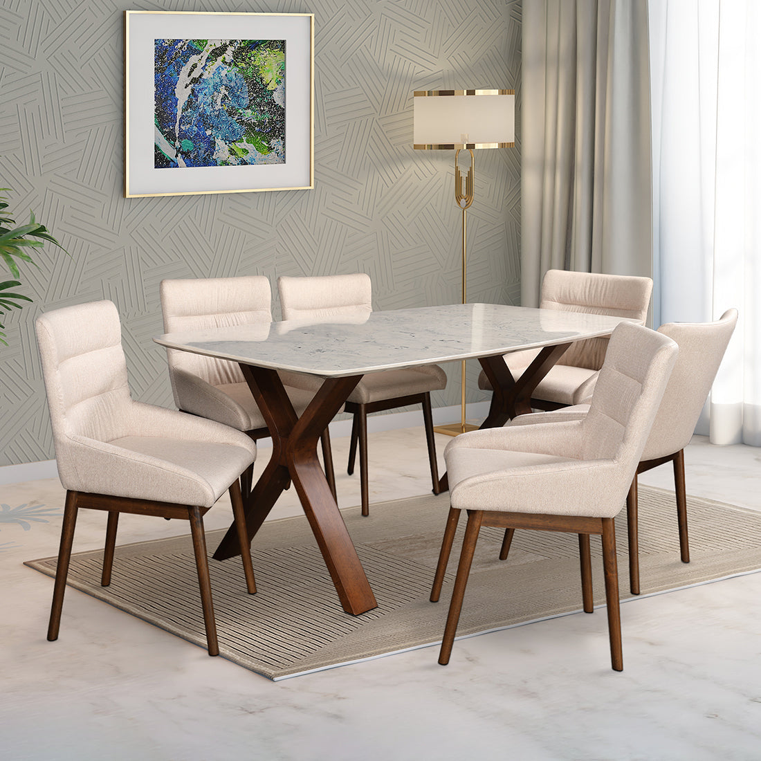 Sanddune Marble Top Six Seater Dining Set in Walnut Colour