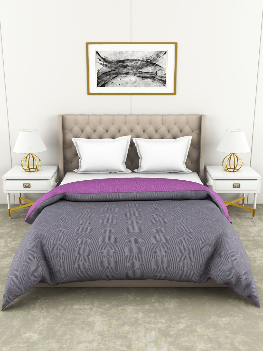 Botanical Cotton Double Comforter 229X254 Cm 210 Tc in Grey/Purple Colour