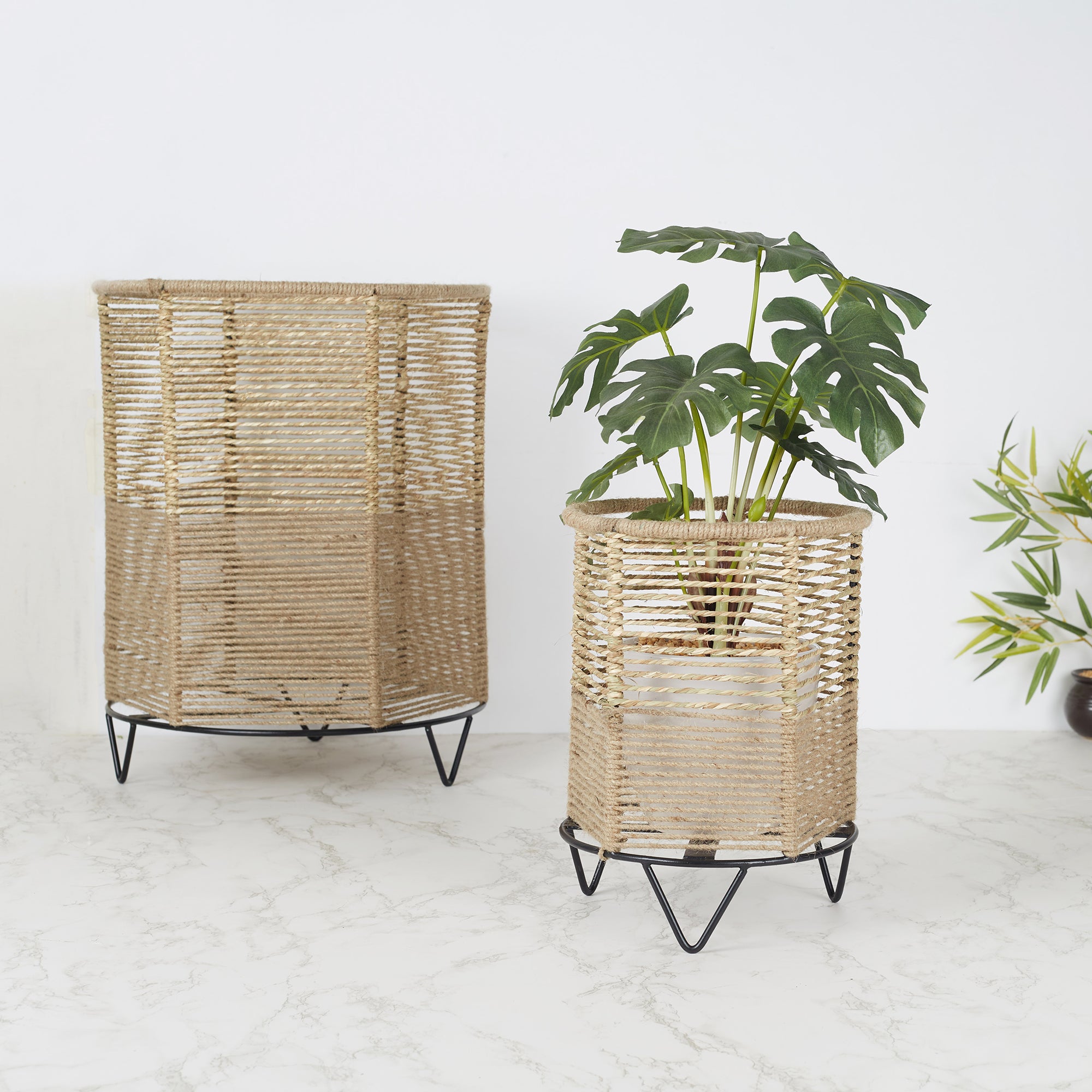 Boho Metal And Natural Fiber Planter Stand 27Cm in Brown Colour