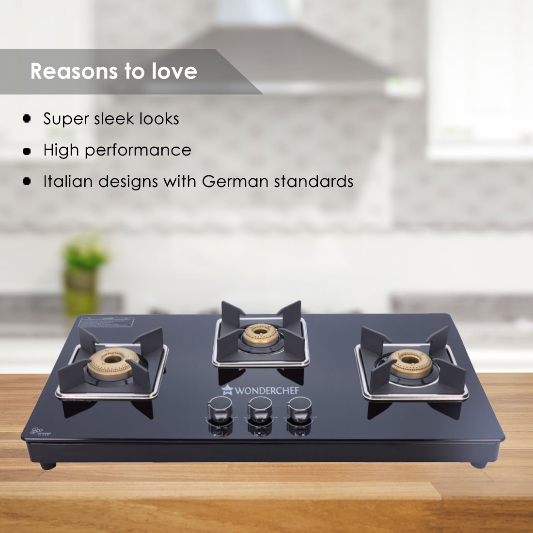 Octavia 1 - Gas Stove, 3 - Forged Brass Burners, 3 - Heavy duty pan support in Black Colour