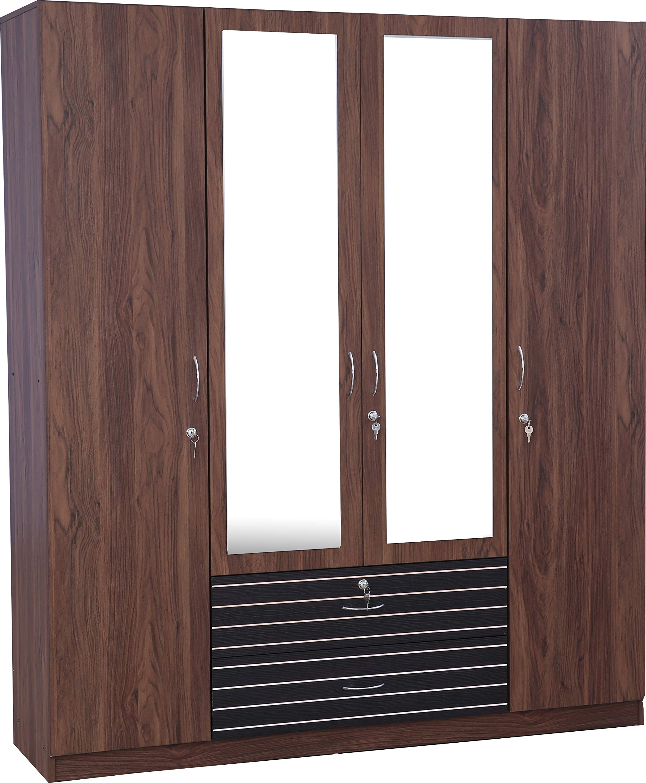 Molly Engineered Wood Four Door Wardrobe with Mirror in Walnut Finish