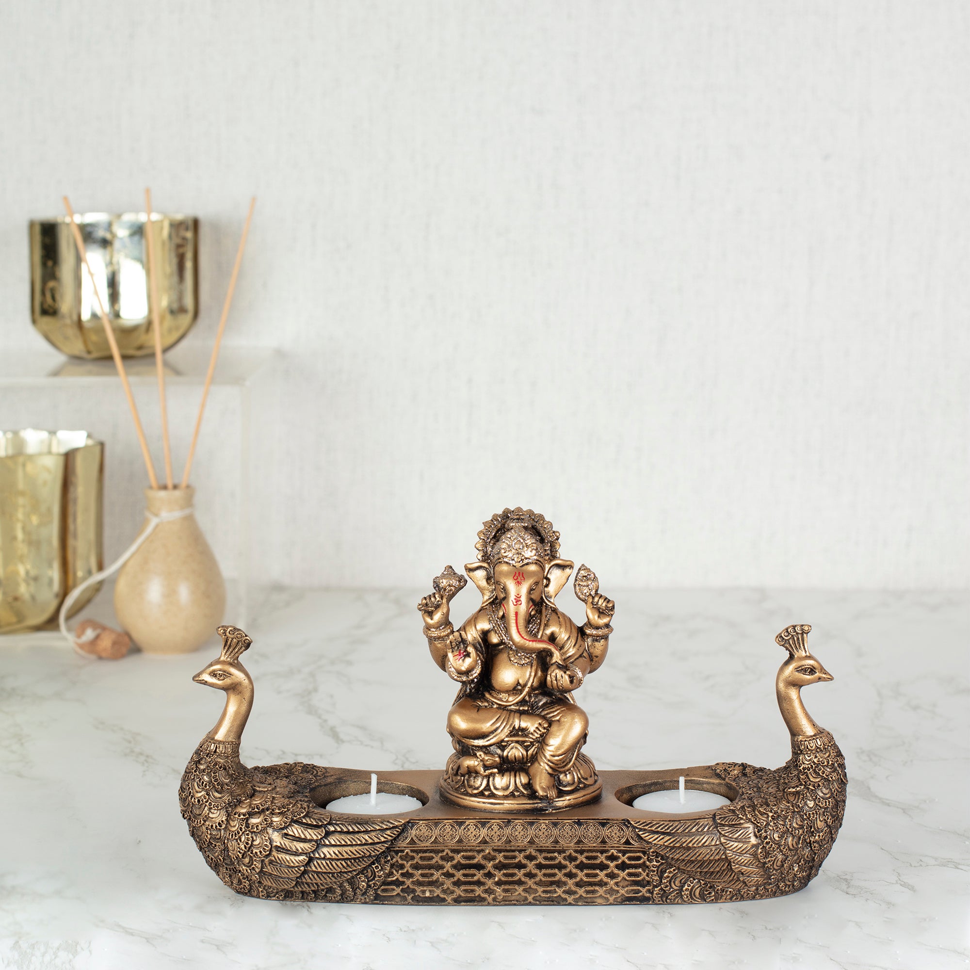 Dynast Polyresin Embellished Ganesha Hand Finished Figurine Cum Tealight Holder 14Cm in Gold Colour