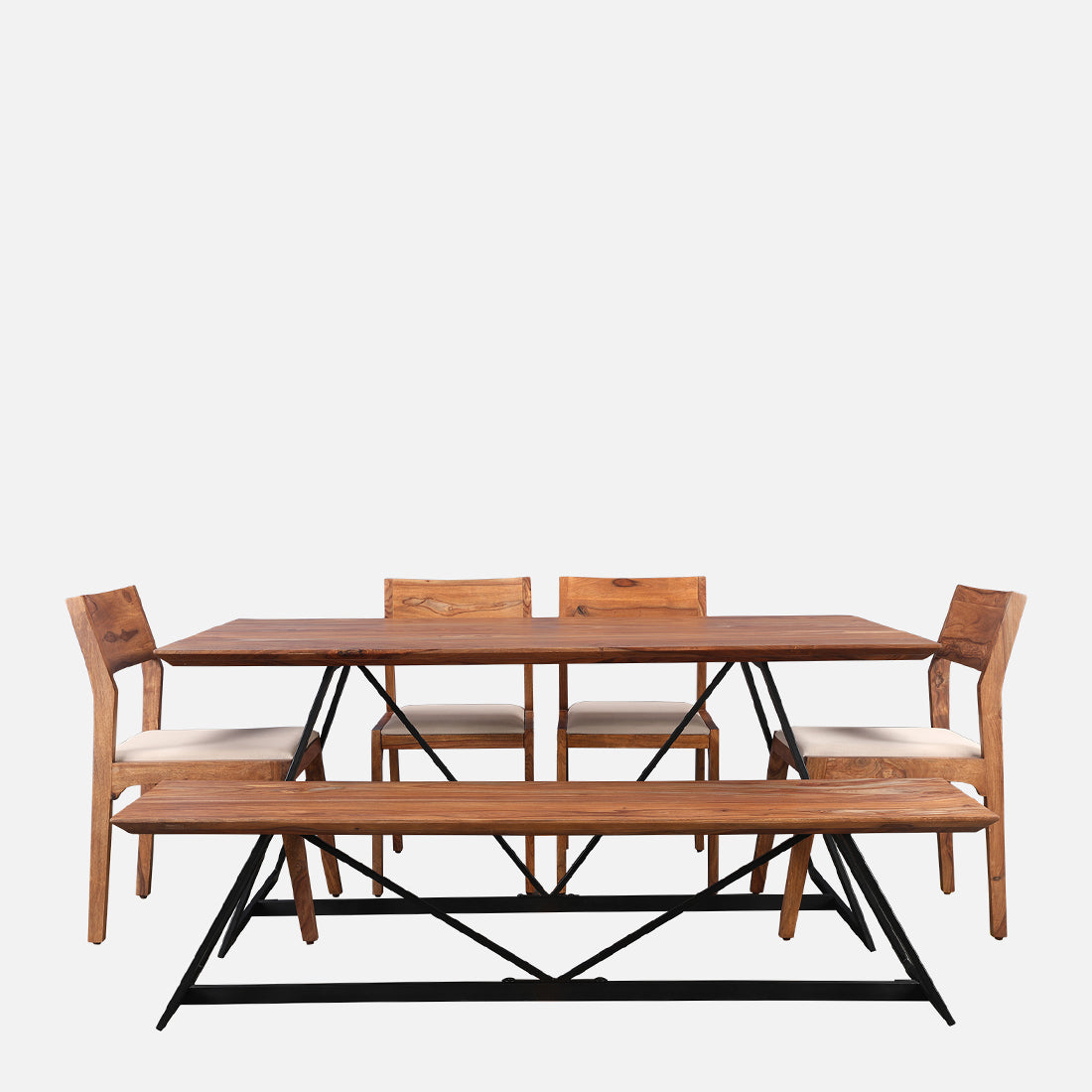 Axel Solidwood Six Seater Dining Set With Bench in Natural Sheesham Colour