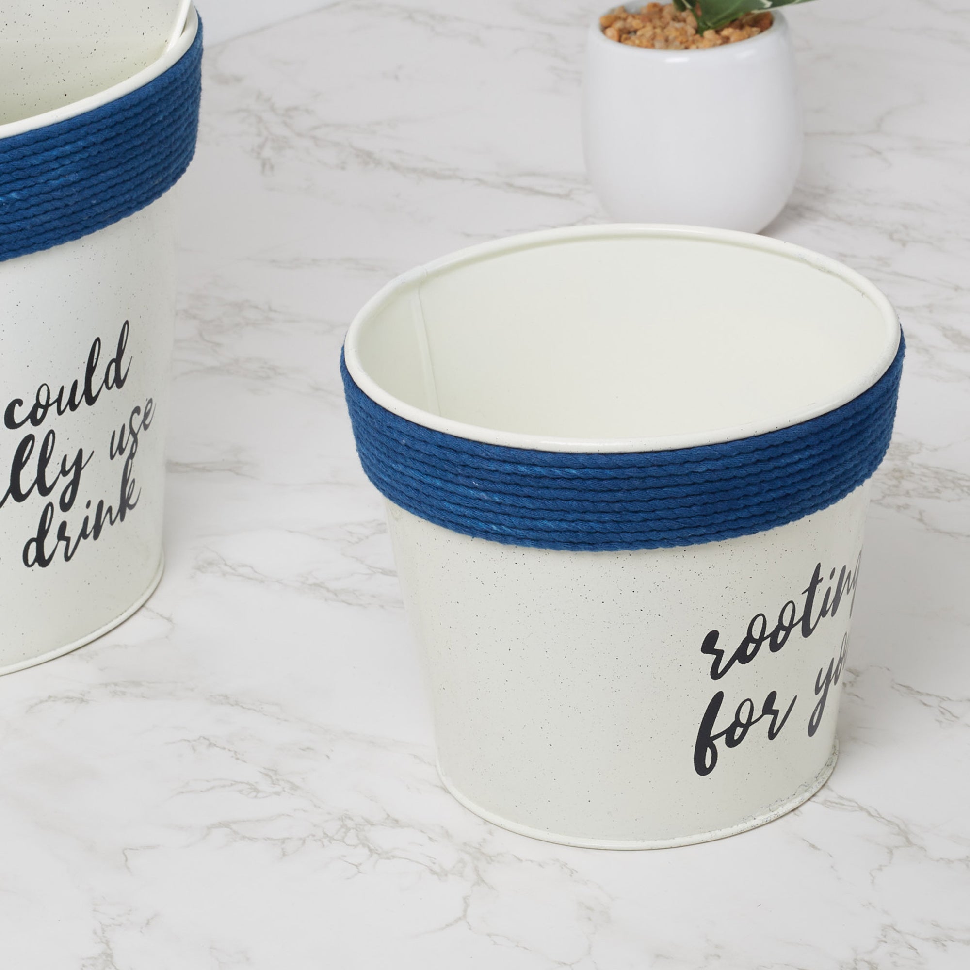 Pep Pop Metal Funky Quote Planter 14Cm in Off White & Indigo Colour