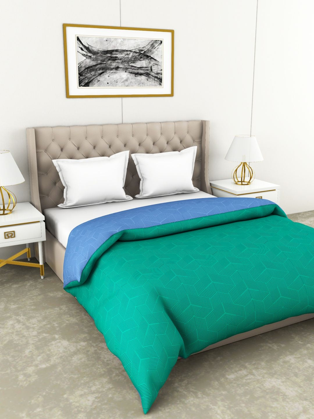 Botanical Cotton Double Comforter 229X254 Cm 210 Tc in Green/Blue Colour