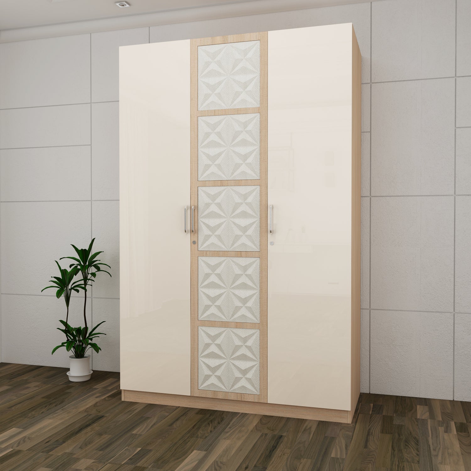 Jordan Three Door Wardrobe in Sonam Oak & White Colour