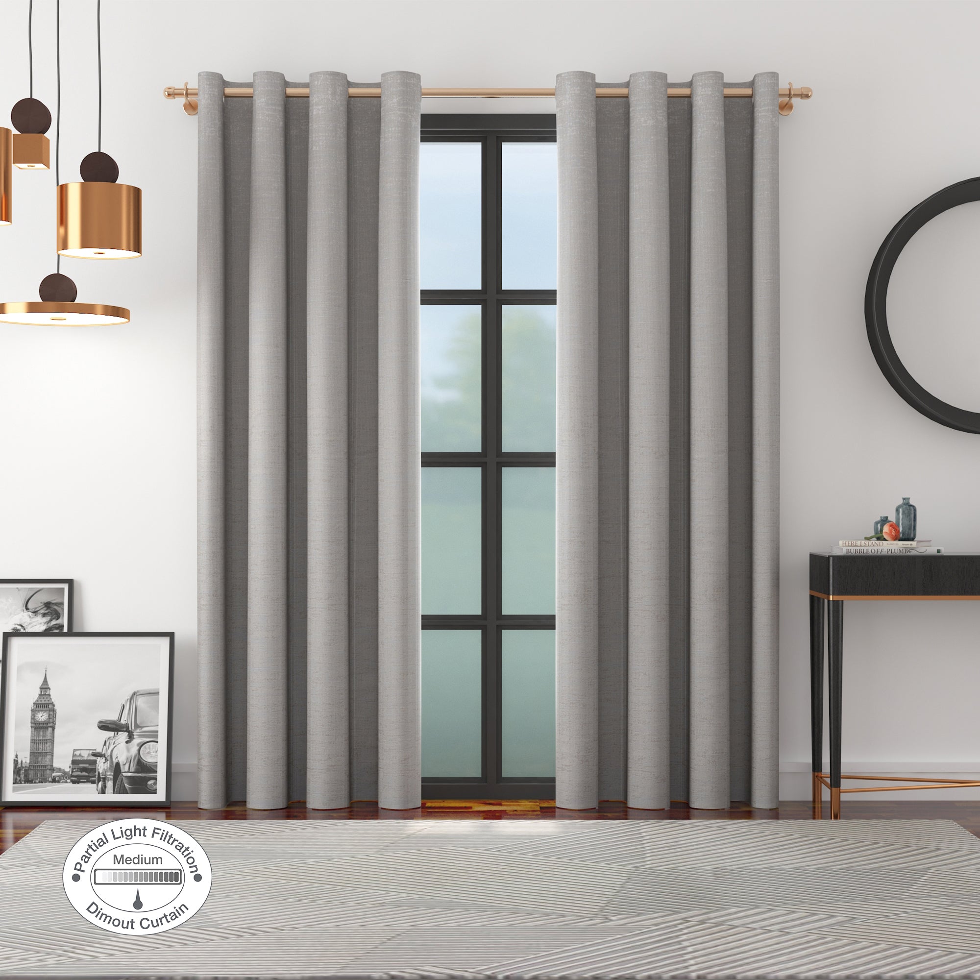 Amour Set of 2 Solid Jacquard Dim Out Curtains 7 Feet in Grey Colour