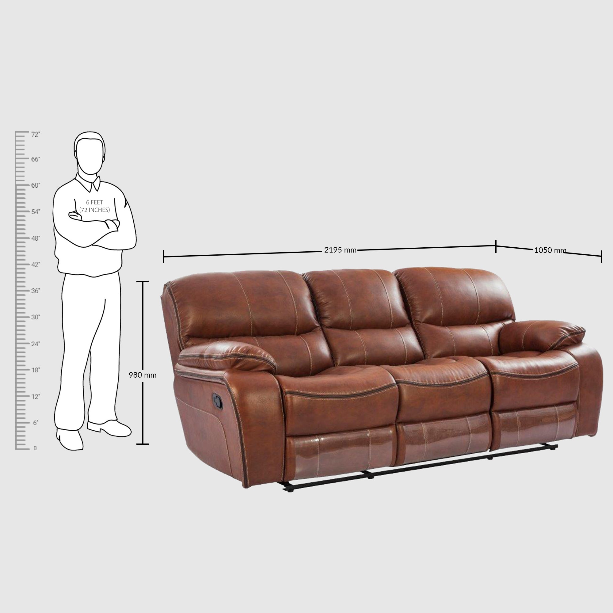 Tigris Leatherette Three Seater Recliner in Brown Colour