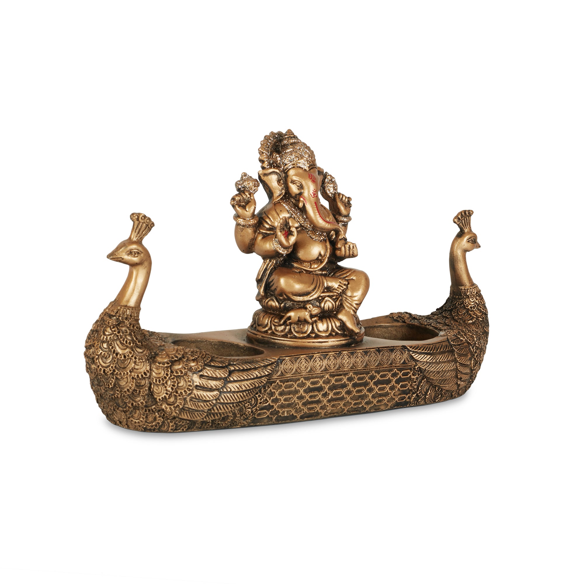 Dynast Polyresin Embellished Ganesha Hand Finished Figurine Cum Tealight Holder 14Cm in Gold Colour