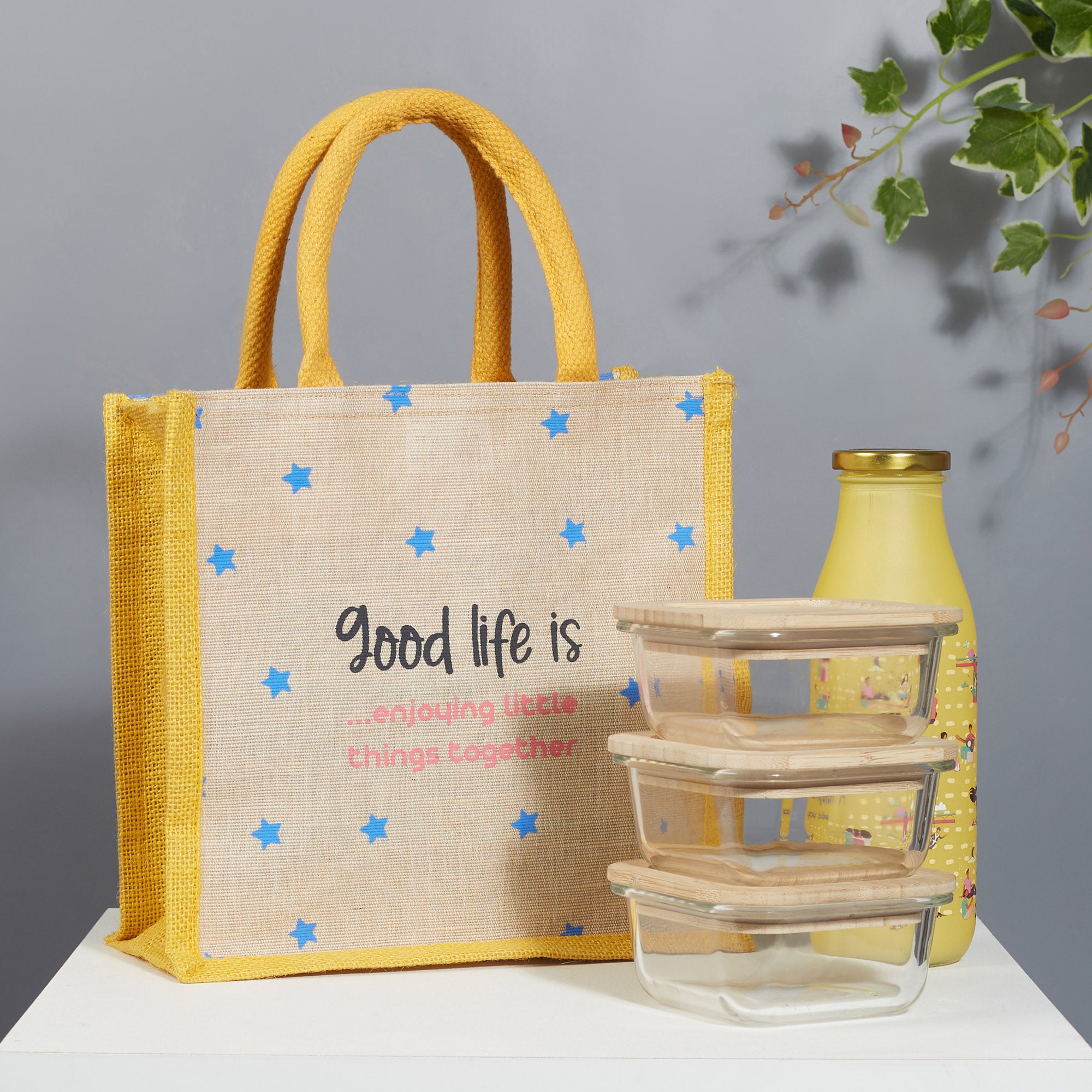 Good Life Jute Reversible Stary Night Printed Lunch Bag 25.5 x 25.5 Cm in Navy Blue & Yellow Colour