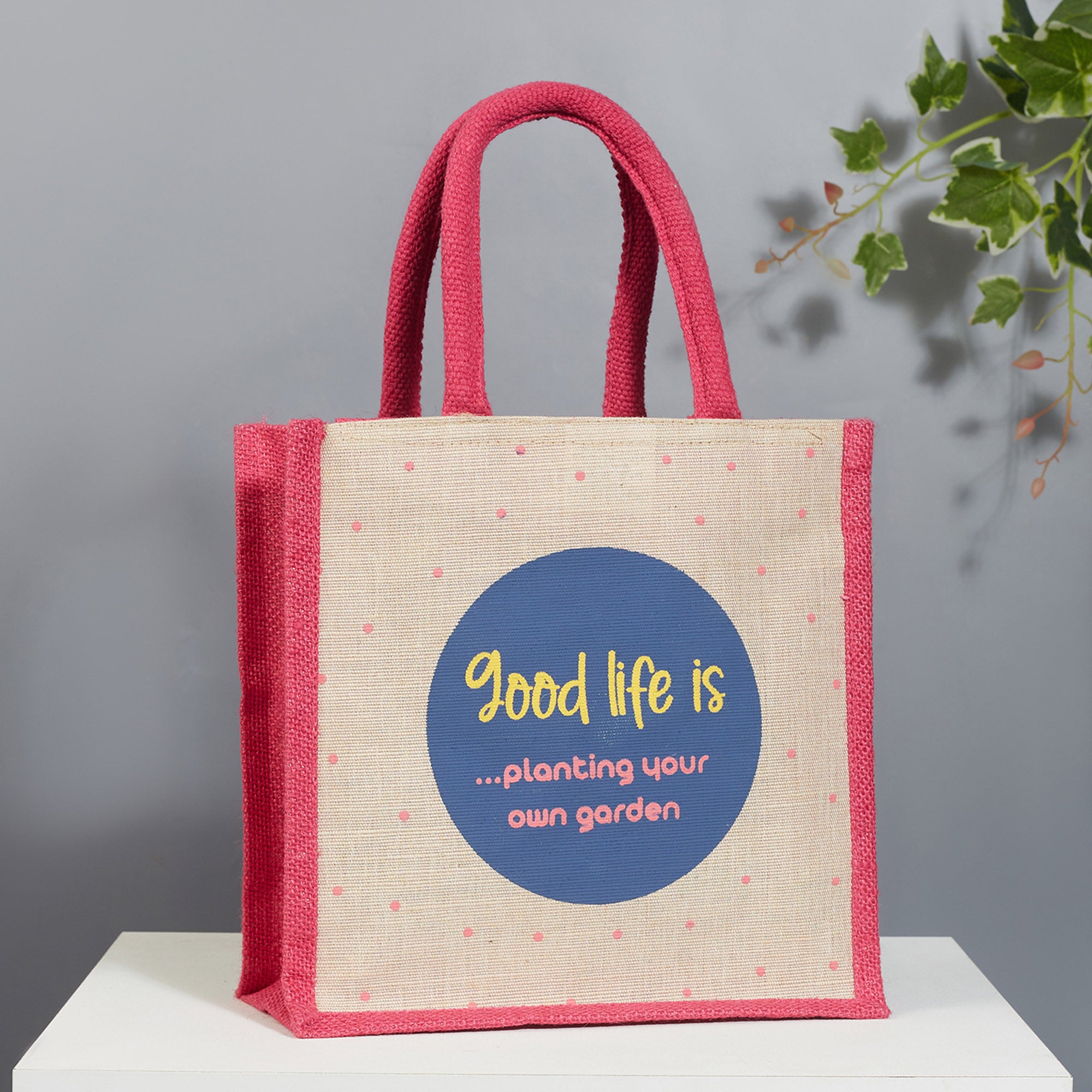 Good Life Jute Reversible Bag Garden Printed Lunch Bag 25.5 x 25.5 Cm in Multi Colour