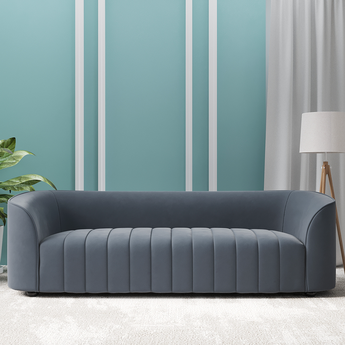 Elise Velvet Fabric Three Seater Sofa in Dark Grey Colour