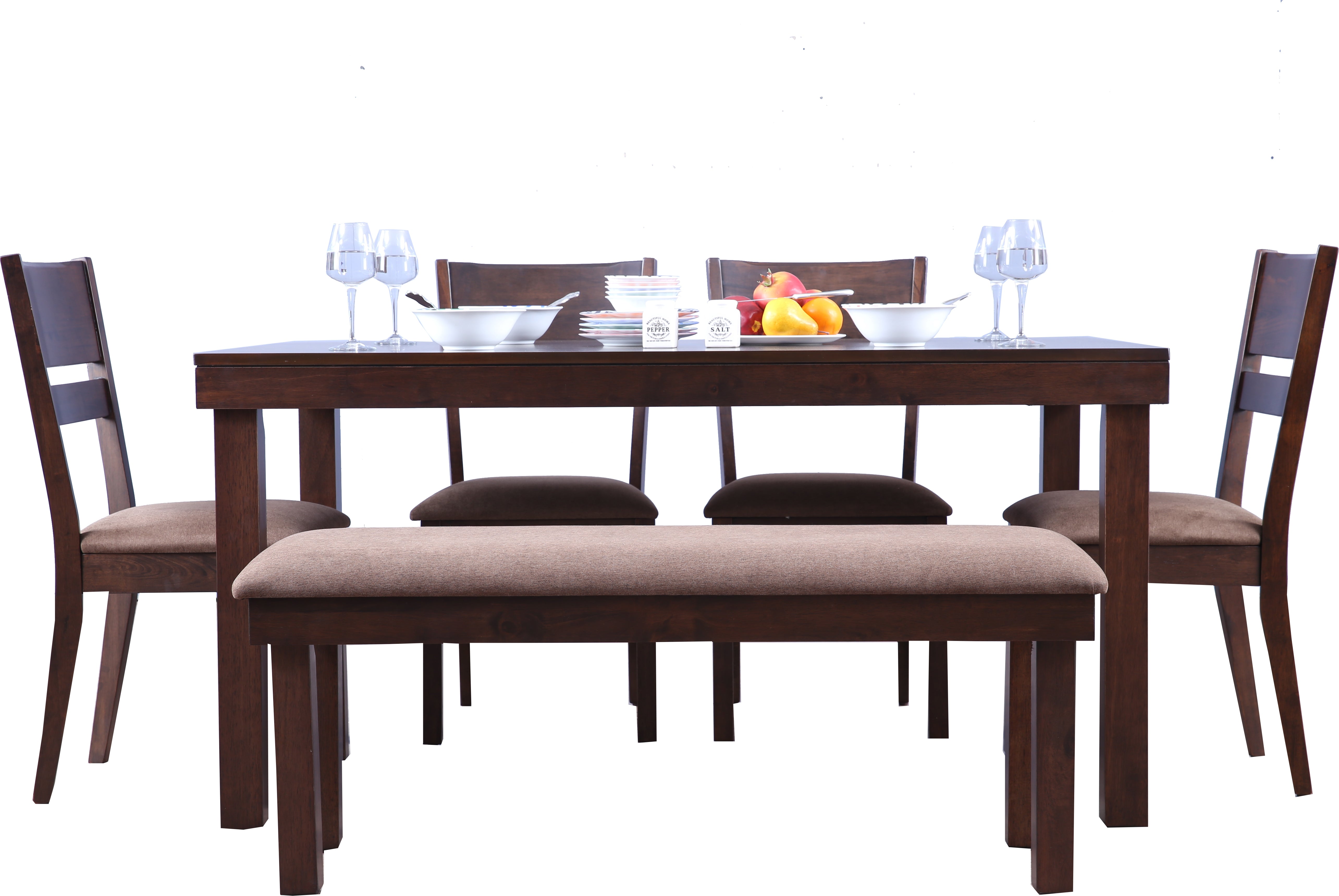 Hopton Solidwood 6 Seater Dining Set With Bench in Walnut Colour