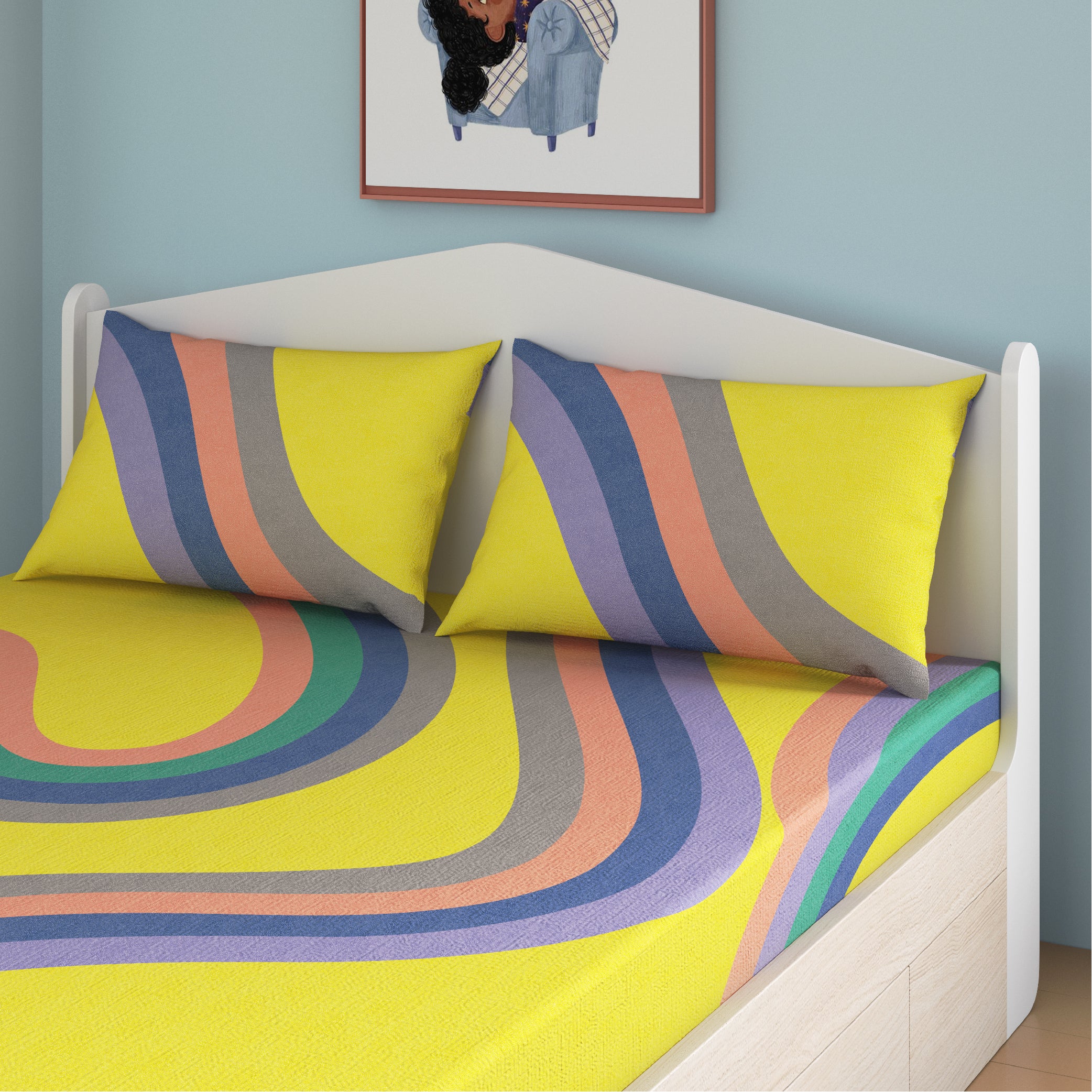 Winding Roads Bamboo Cotton Queen Fitted Bedsheet in Yellow Colour