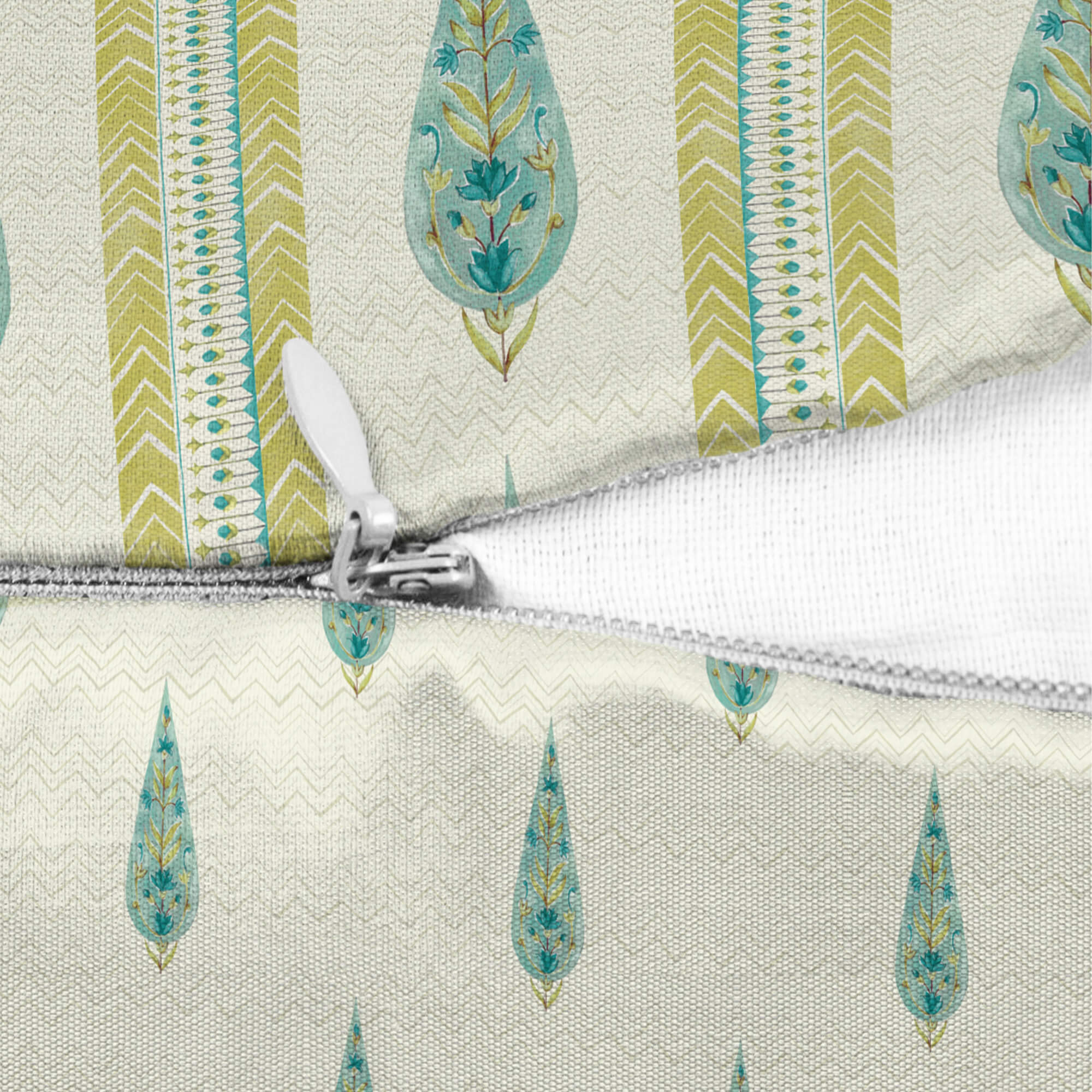 Indian Botanical Reversible Stripe Digital Printed Cushion Cover 40x40 Cm in Aqua Colour