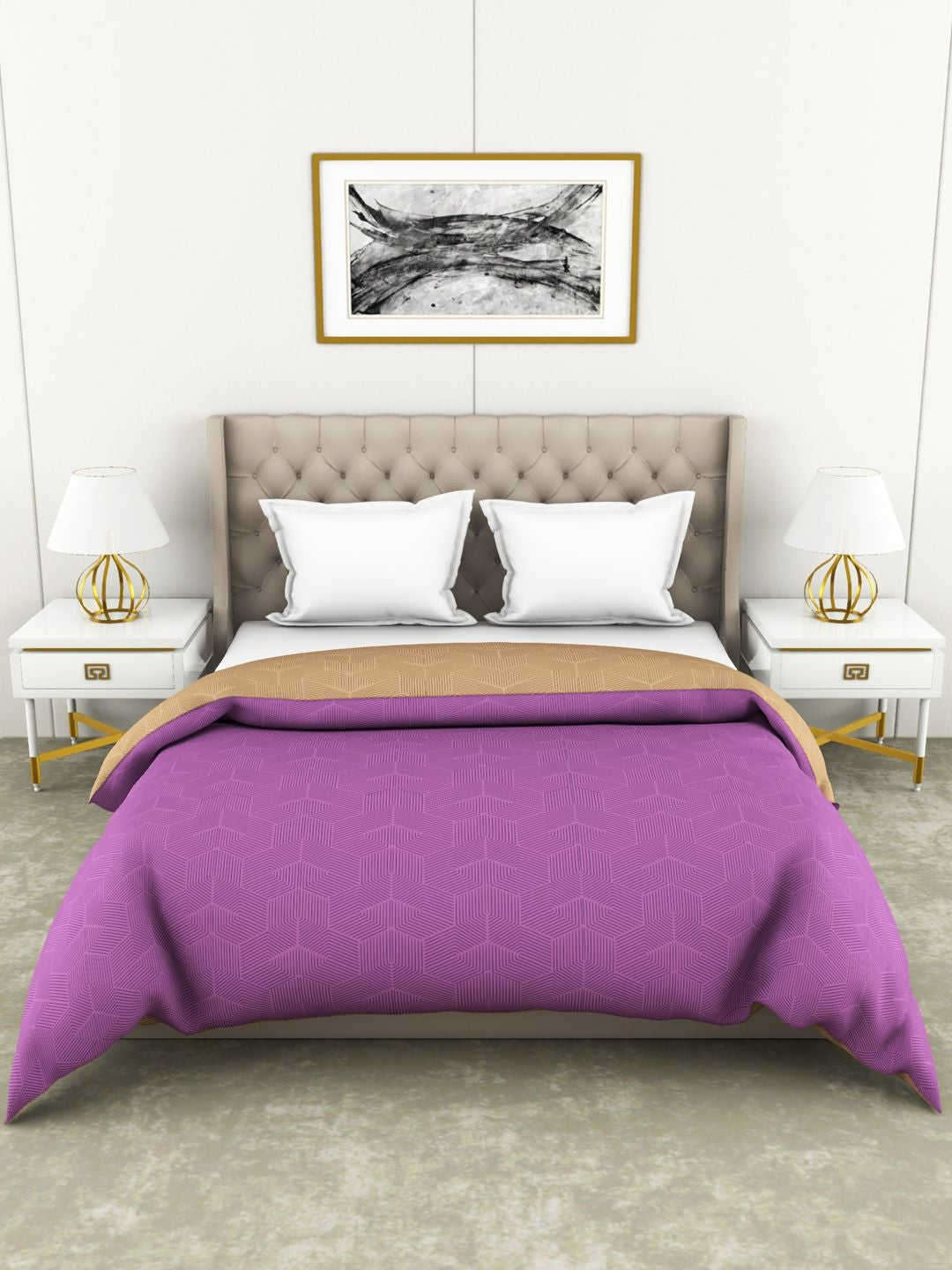 Botanical Cotton Double Comforter 229X254 Cm 210 Tc in Purple/Beige Colour