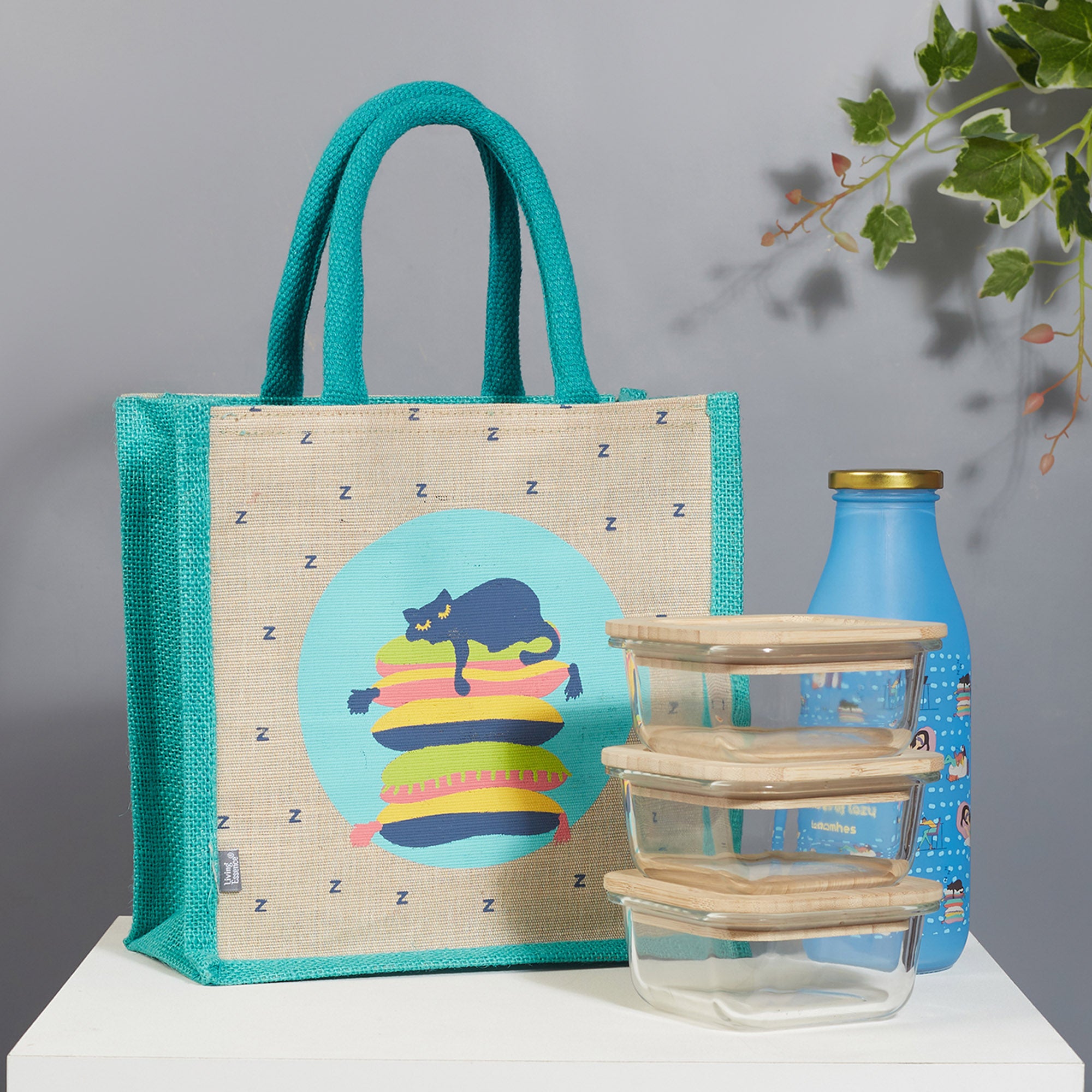 Good Life Jute Reversible Lazy Lamhe Printed Lunch Bag 25.5 x 25.5 Cm in Turq Colour