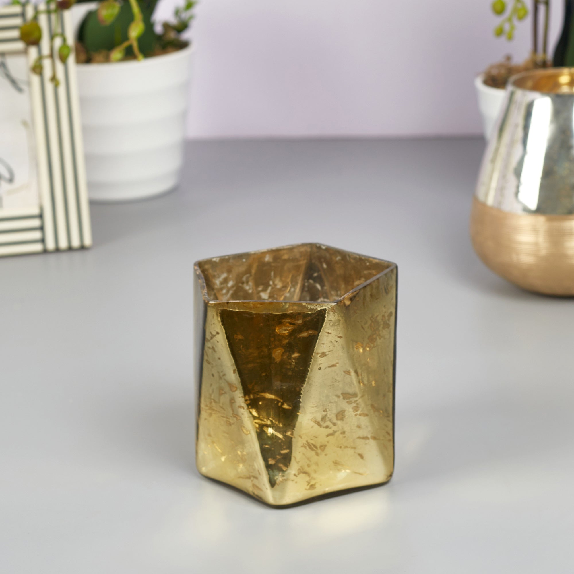 Phiona Glass Hexa Handcrafted Votive Mercury 13 Cm in Gold Colour