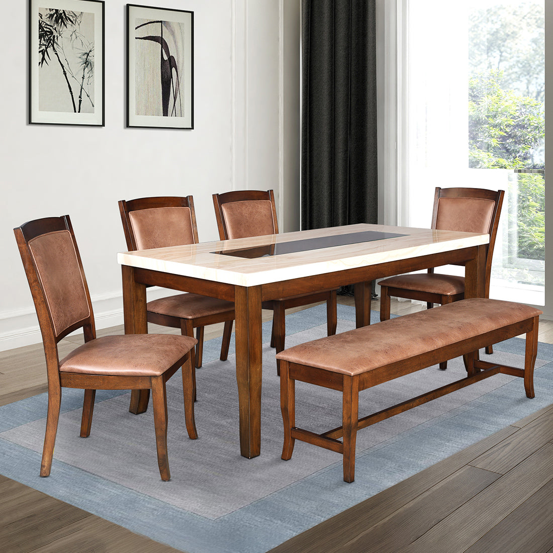 Nexus Marble Finish Six Seater Dining Set With Bench in Antique Cherry Colour