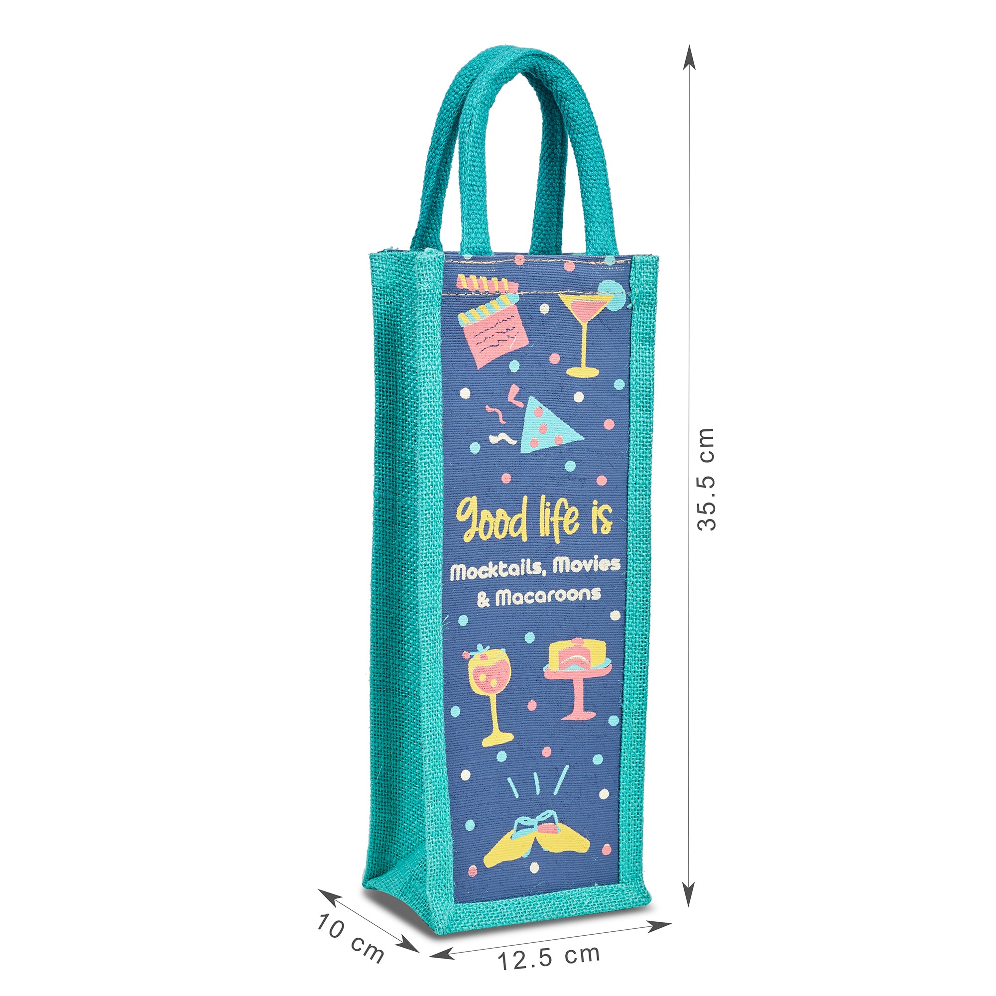 Good Life Jute Reversible Macaroon Printed Bottle Bag 12 x 35.5 Cm in Navy Colour