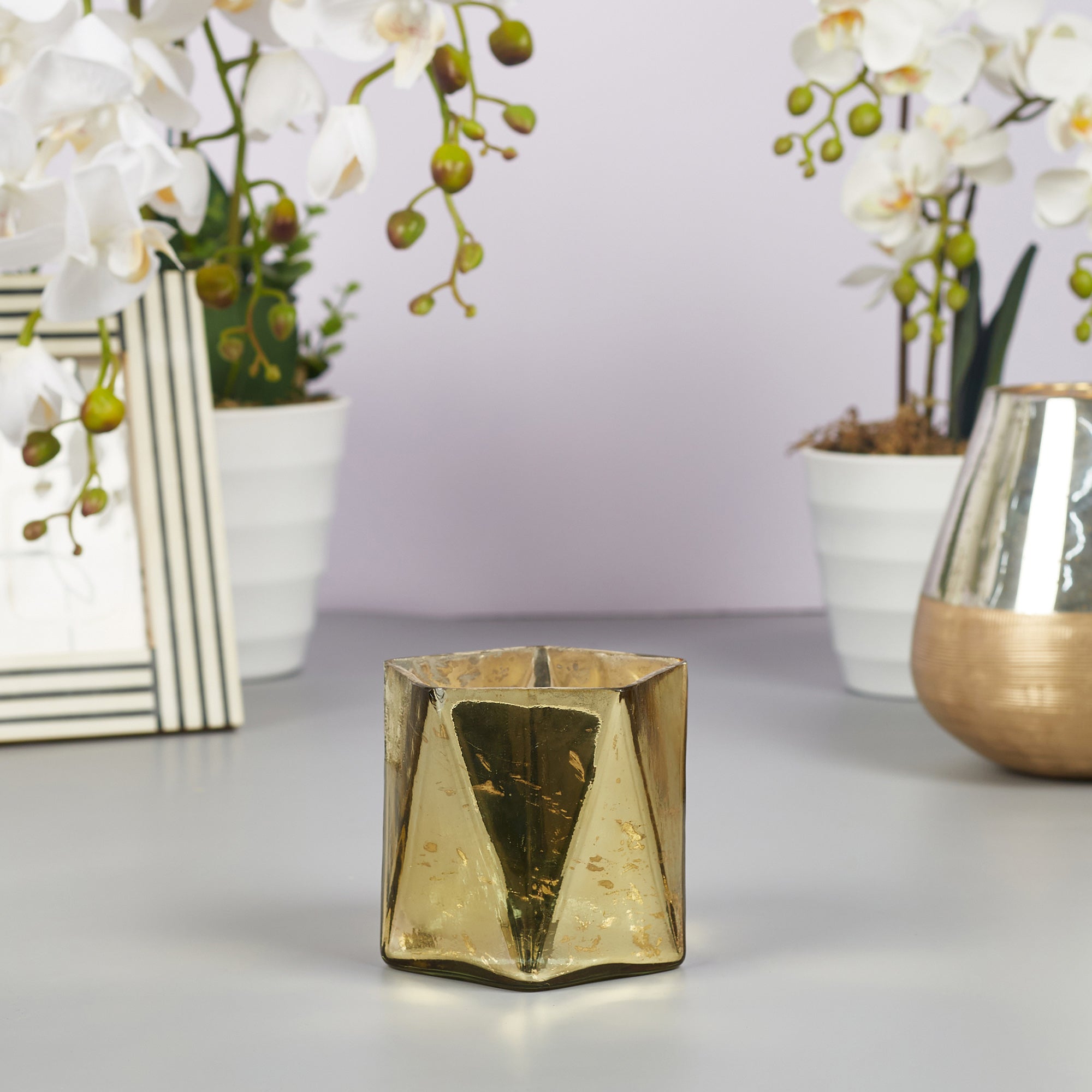 Phiona Glass Hexa Handcrafted Votive Mercury 10 Cm in Gold Colour