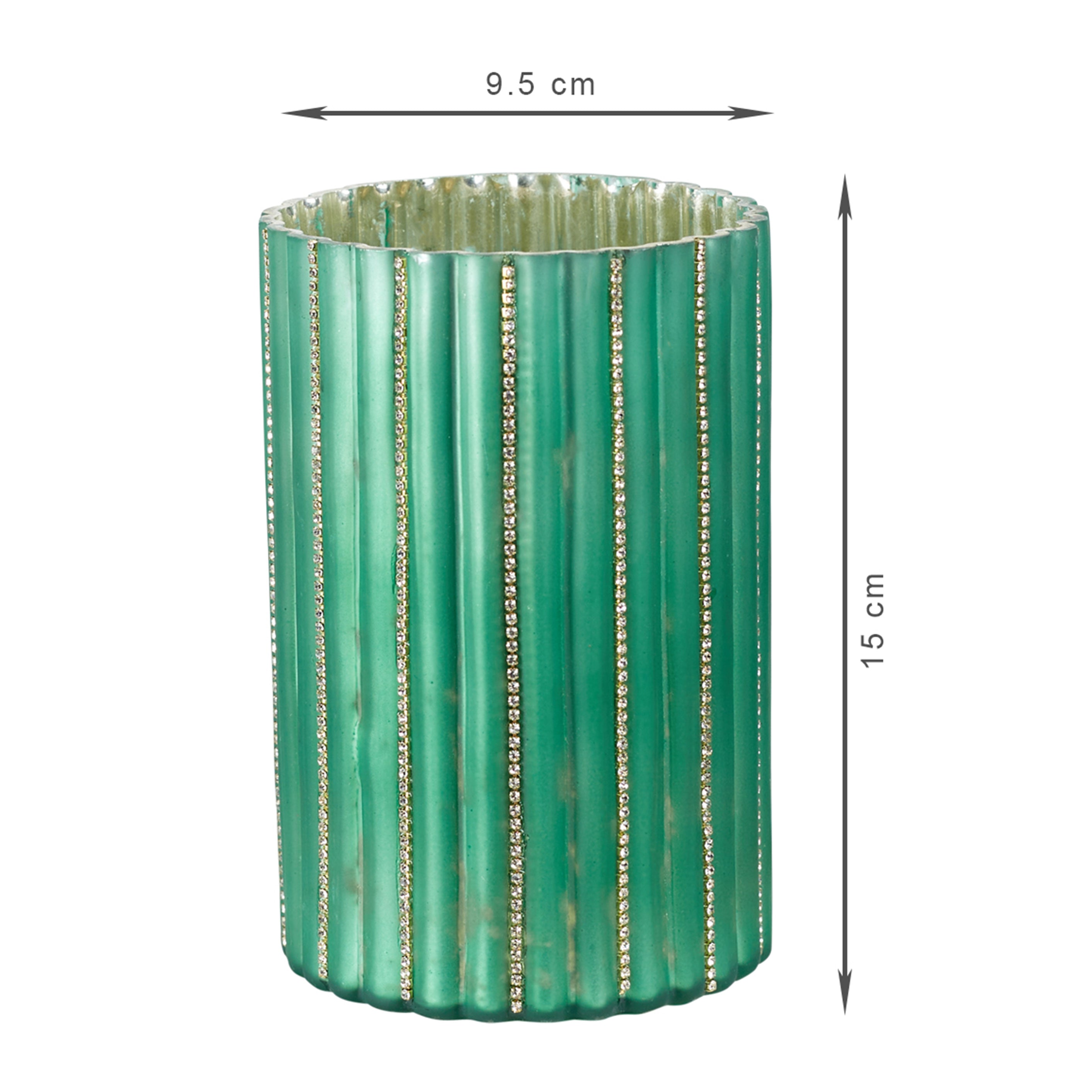 Phiona Glass Diamond Stud Handcrafted Votive 15 Cm in Emerald Colour