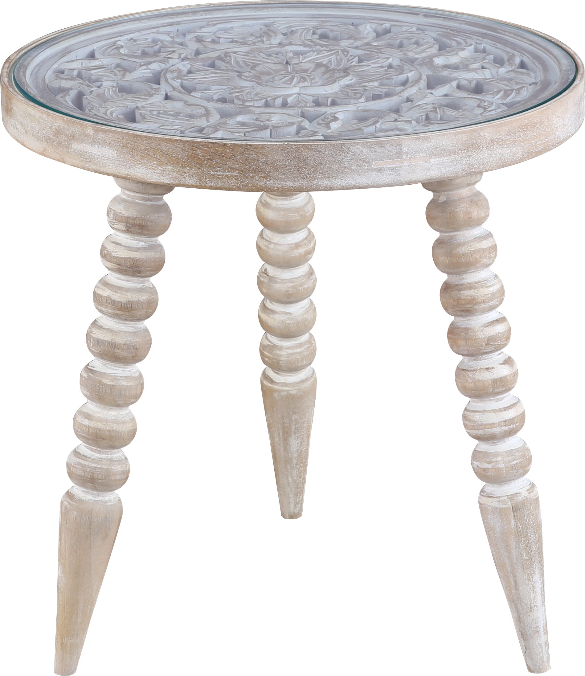 Antico Mango Wood Carved Stool in White Colour