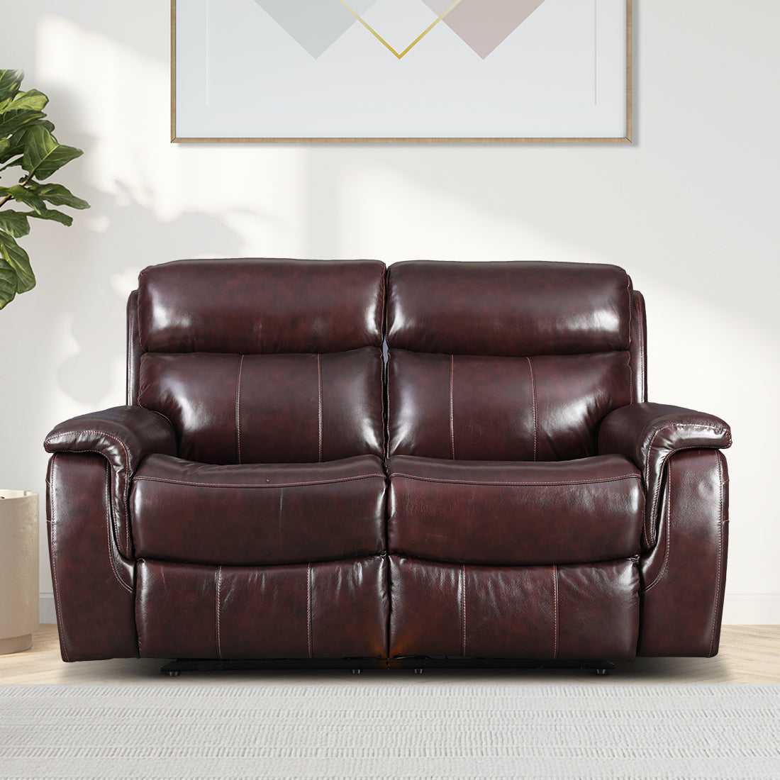 Plush Half Leather Two Seater Electric Recliner in Burgundy Colour
