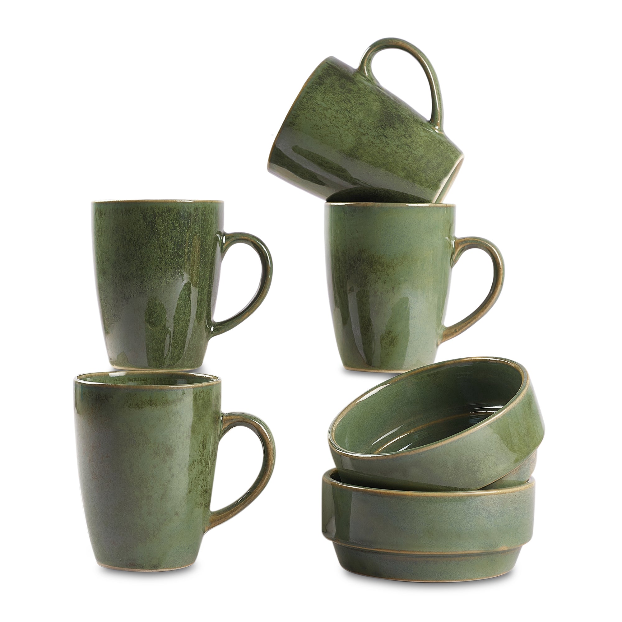 Hygge Studio Pottery Stoneware Breakfast Mug & Bowl Set of 6 in Sage Green Colour by Living Essence