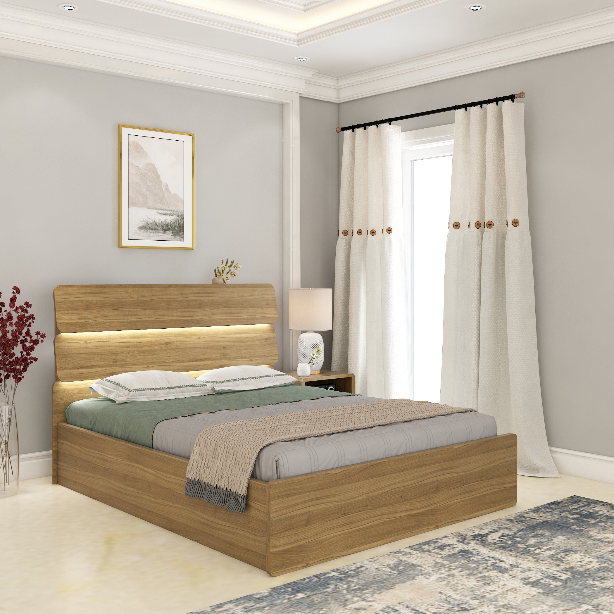 Freya  Queen Bed With Hydraulic Storage in Natural Teak Colour
