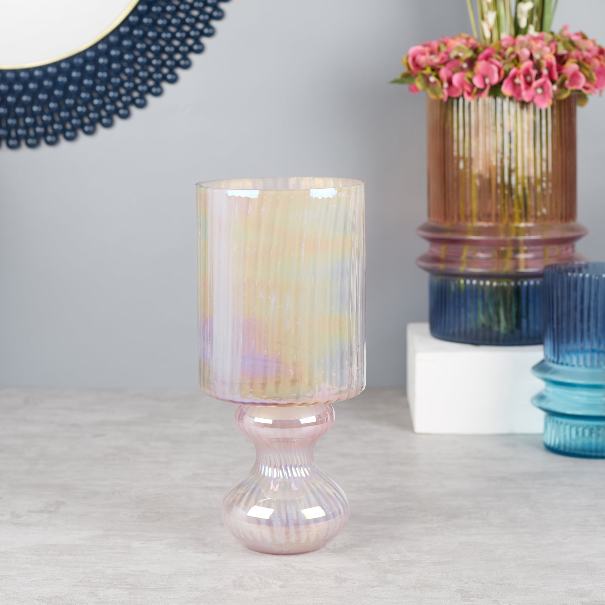 Phiona Glass Fluted Handcrafted Hurricane 33 Cm in Blush Colour