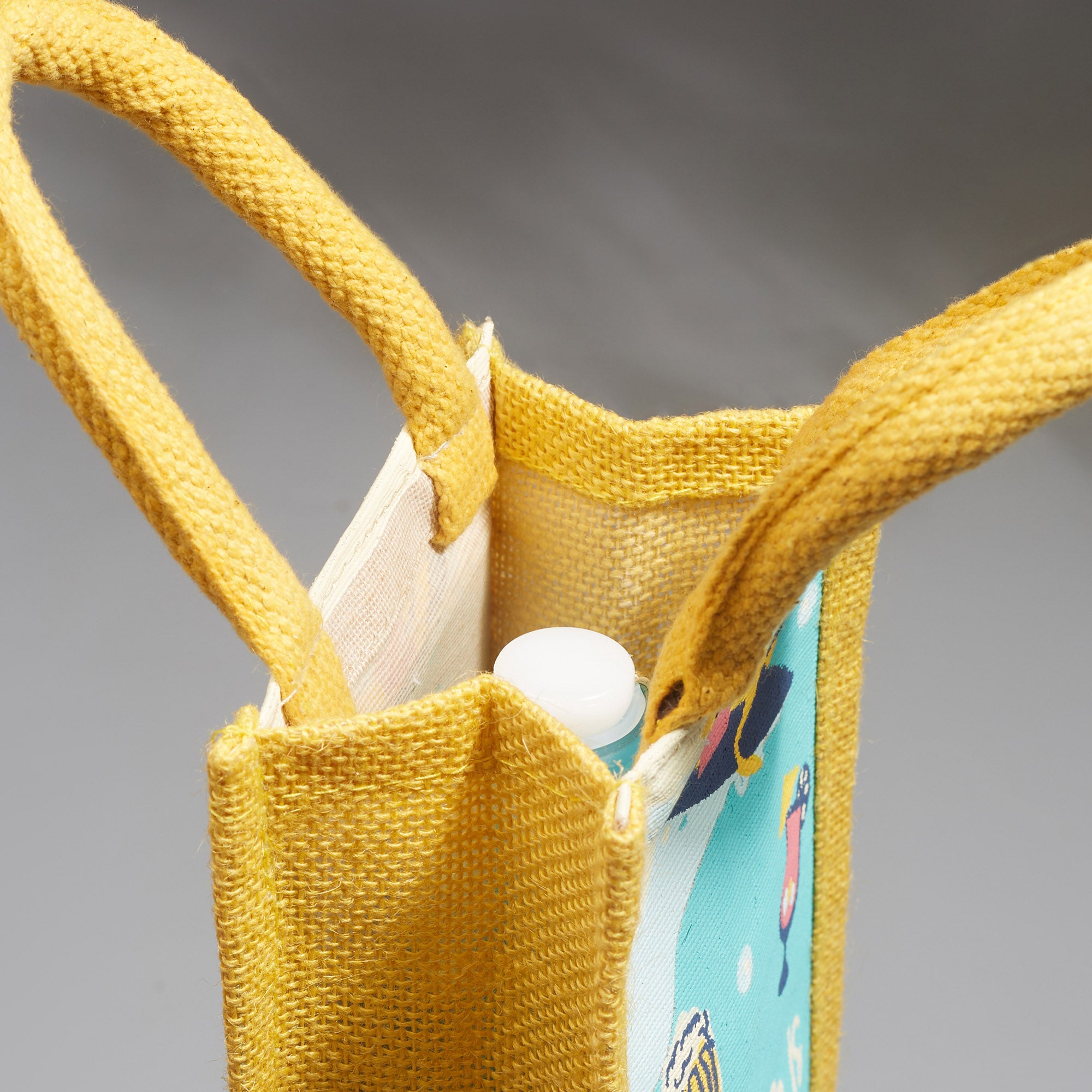 Good Life Jute Reversible Stay Hydrated Printed Zuco Bottle Bag 12 x 35.5 Cm in Turq & Yellow Colour