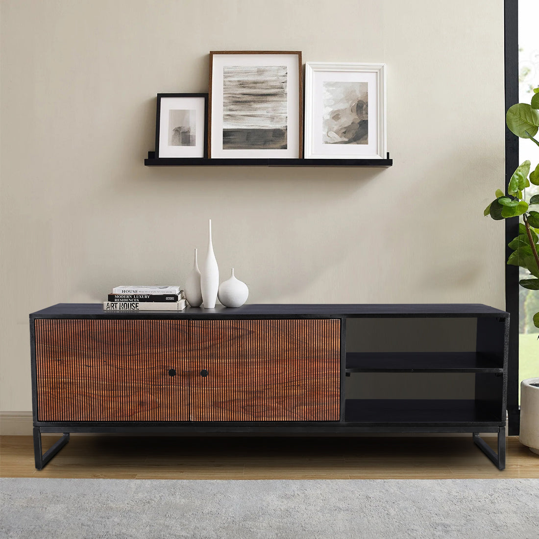Sven Sheesham Wood(Rosewood) Low Height Tv Unit in Natural Sheesham & Black Colour