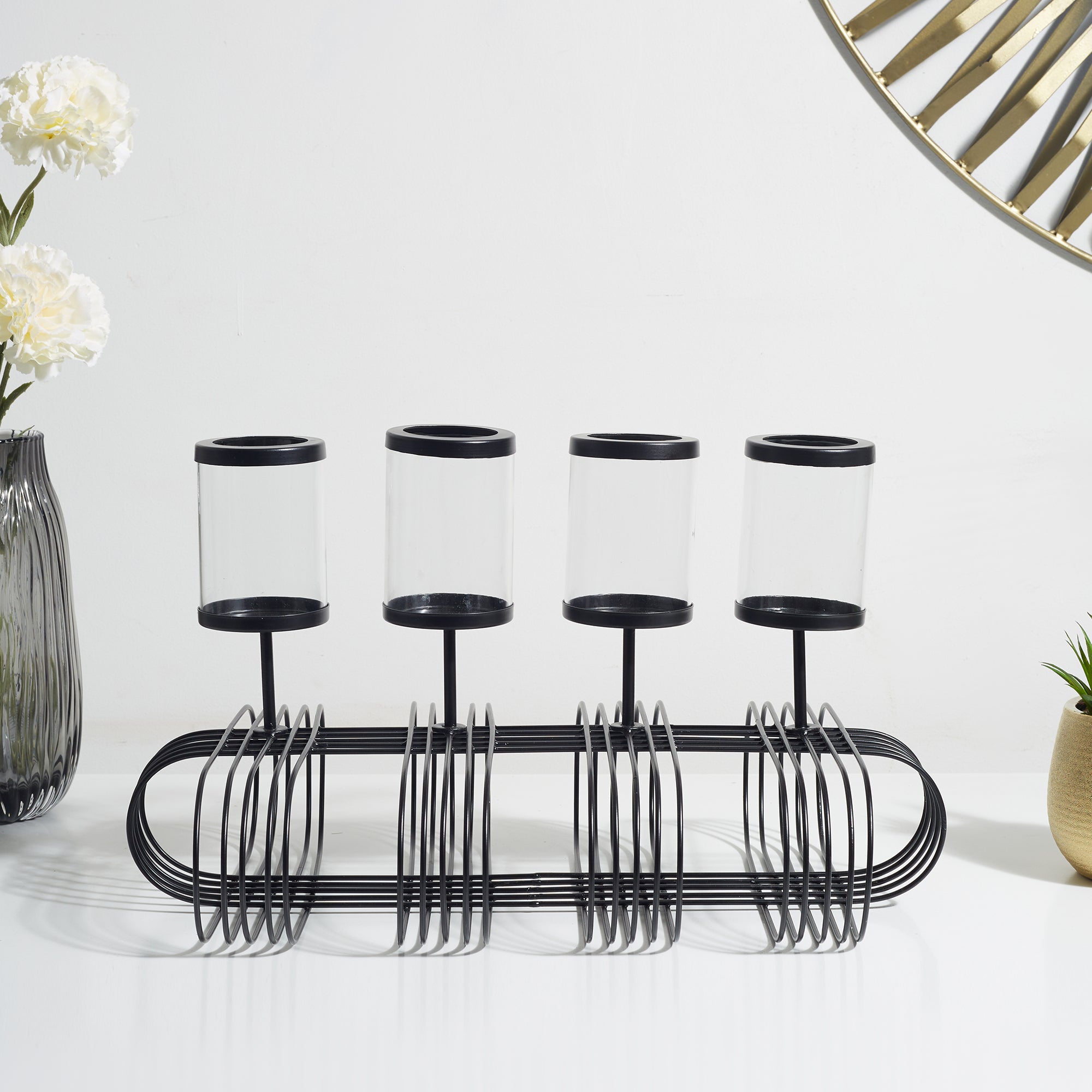 Sovereign Iron and Glass Wired 4 Pillar Holder 60x29Cm in Black Colour