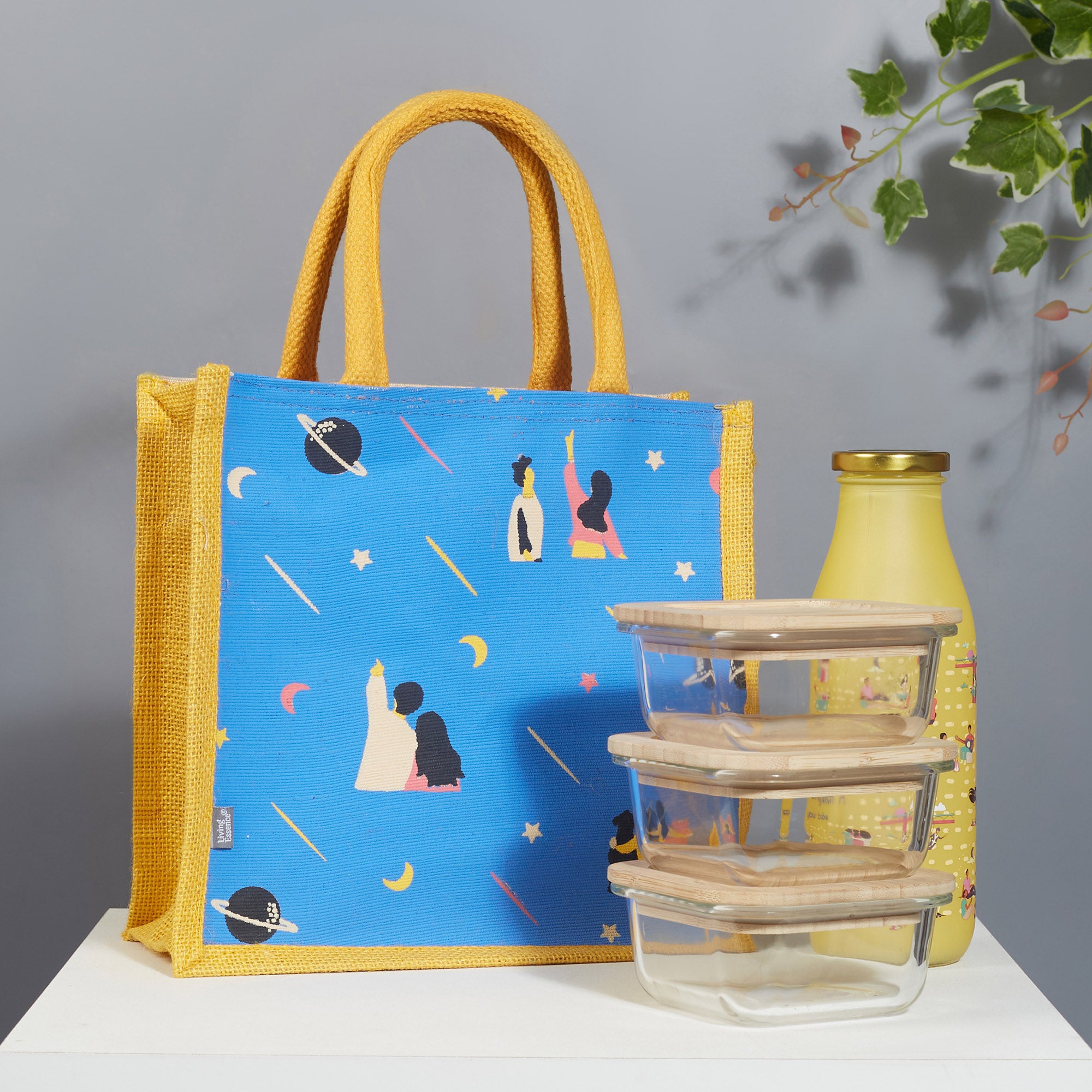 Good Life Jute Reversible Stary Night Printed Lunch Bag 25.5 x 25.5 Cm in Navy Blue & Yellow Colour