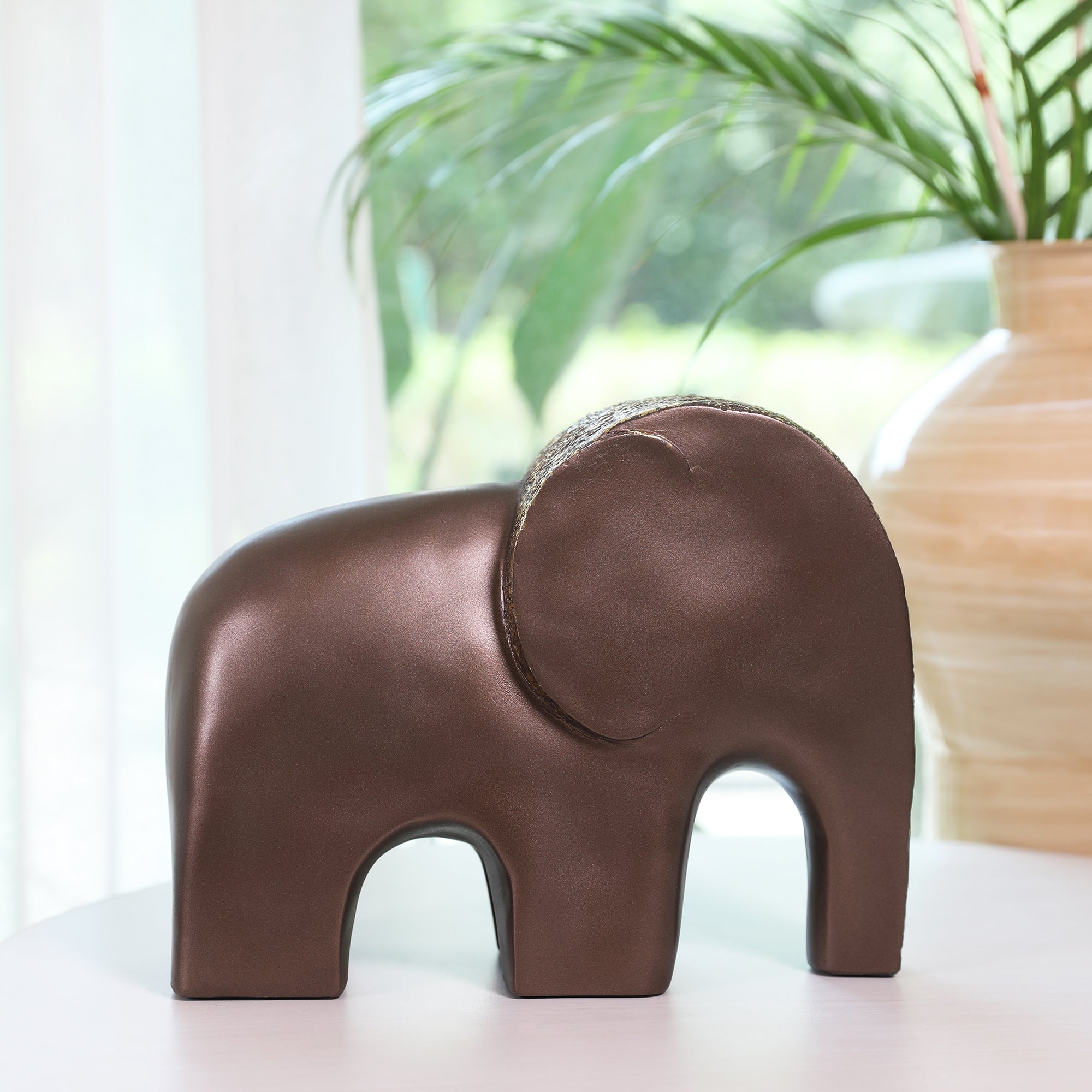 Miraya Contemporary Textured Elephant Polyresin Hand Finished Figurine Bronze 24cm by Living Essence