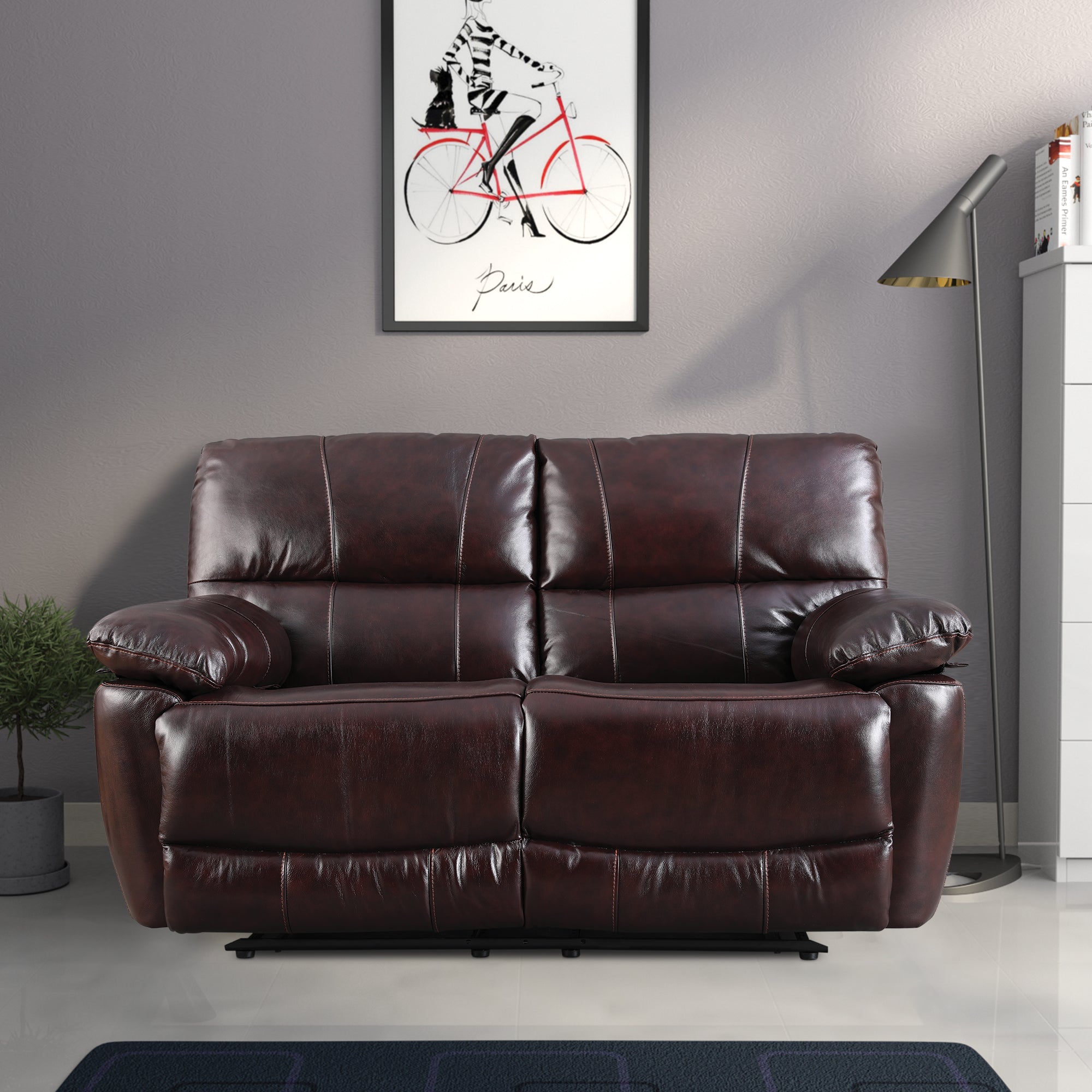Charles Half Leather Two Seater Recliner in Burgundy Colour
