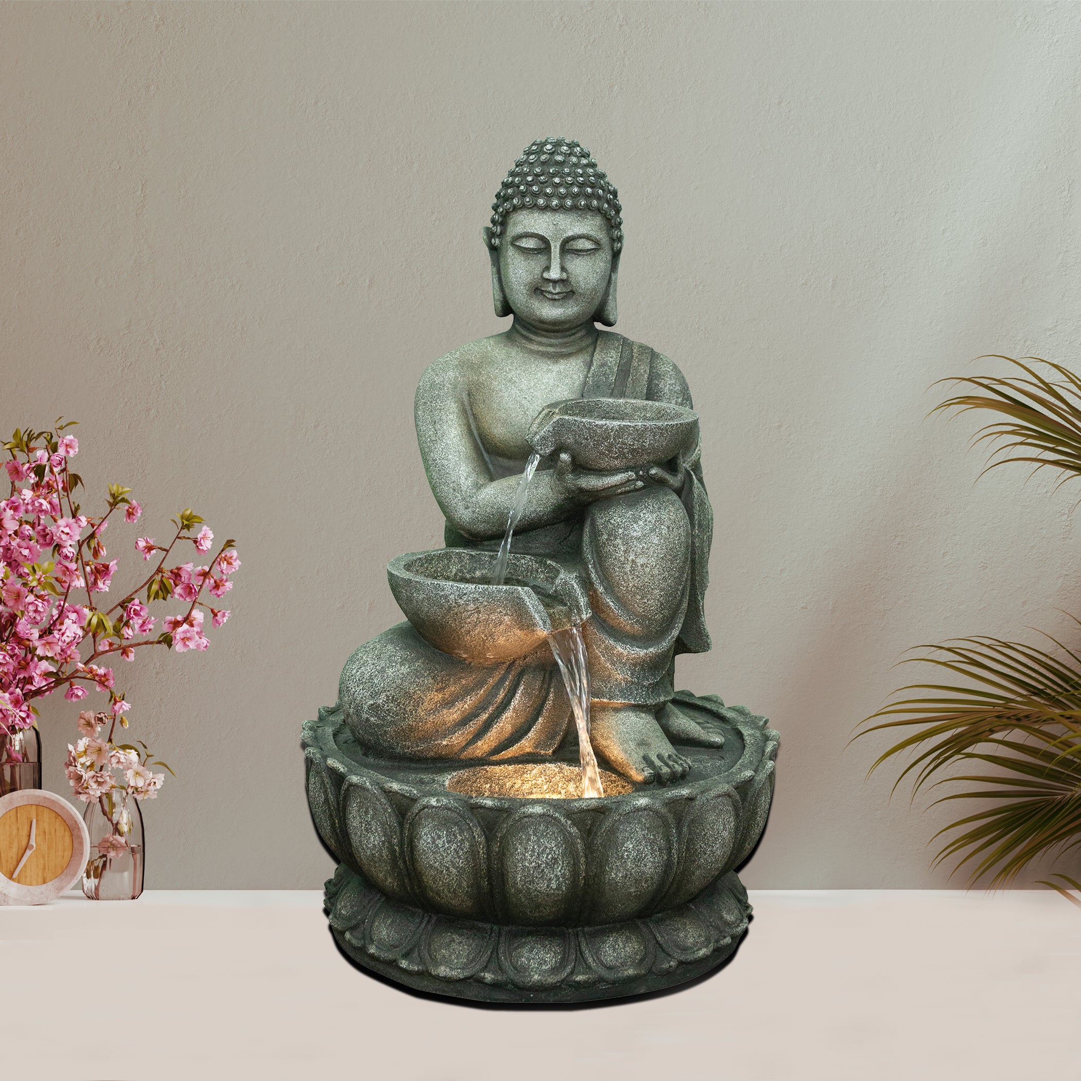 Aqua Bliss Polyresin Buddha Bowl Water Fountain 51X82Cm in Grey Colour