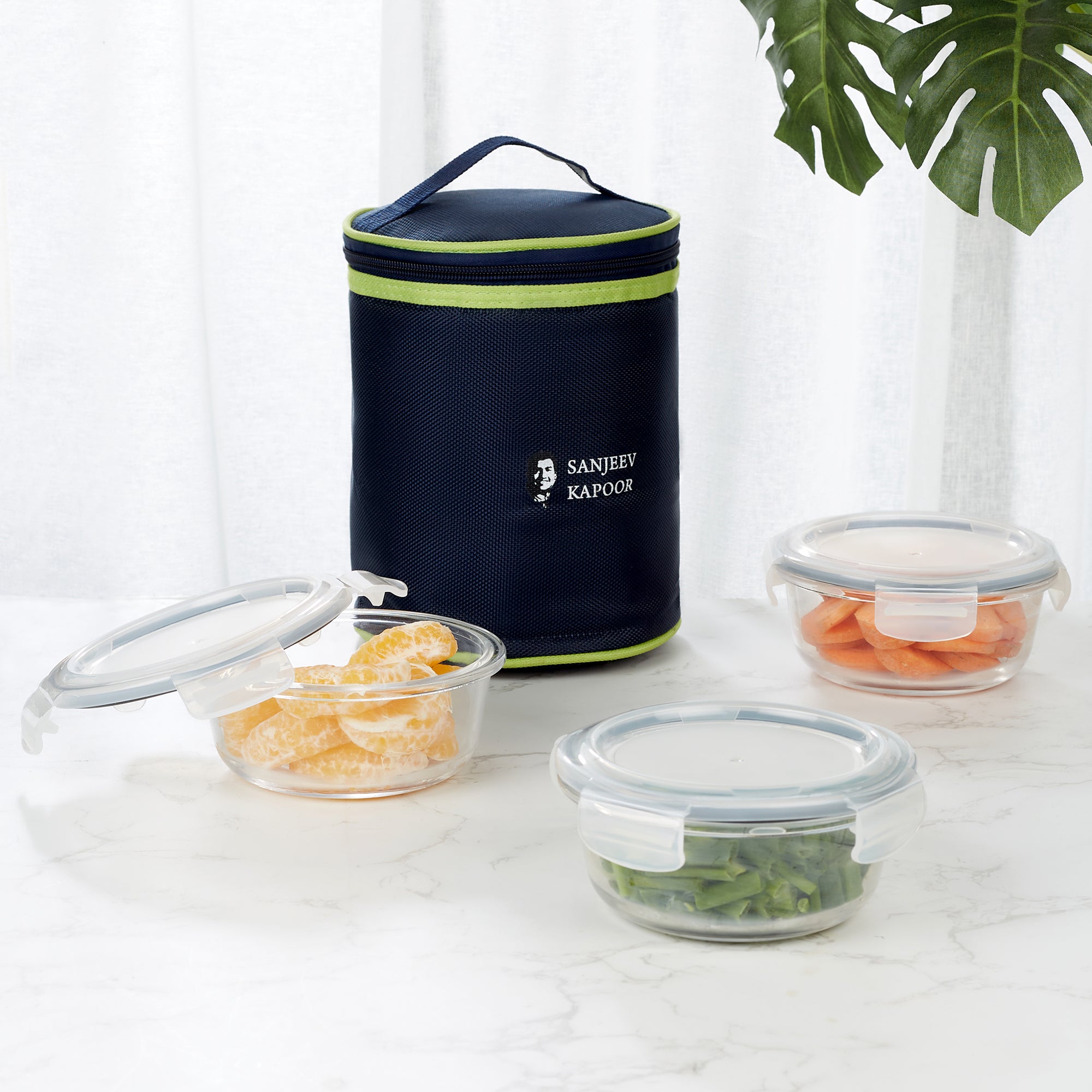 Boston Borosilicate Glass Microwave Safe Round Lunch box 400ml Set of 3 + Carry Bag in Blue Colour