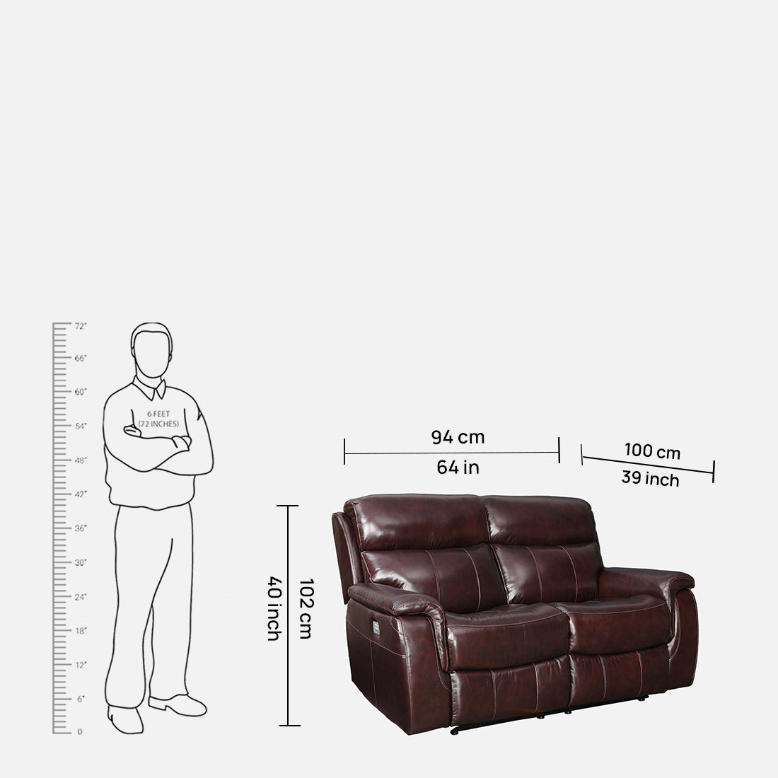 Plush Half Leather Two Seater Electric Recliner in Burgundy Colour