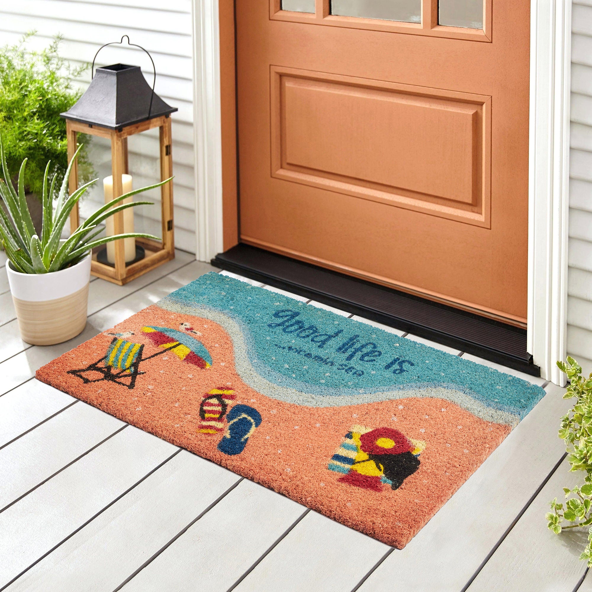 Good Life Is  Vitamin Sea Printed Coir Doormat 40x60 CM in Coral Colour