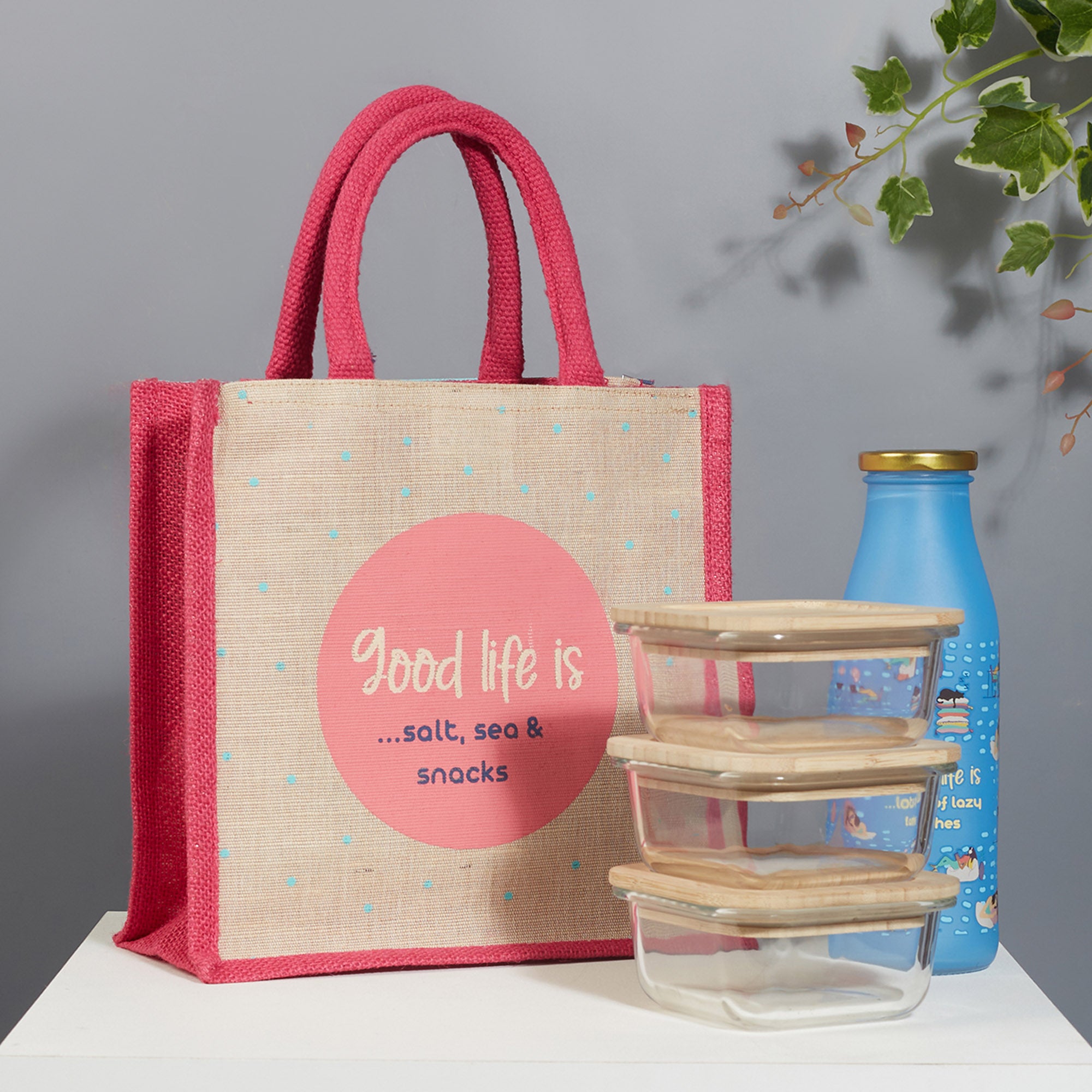 Good Life Jute Reversible Salt, Sea & Snack Printed Lunch Bag 25.5 x 25.5 Cm in Pink Colour