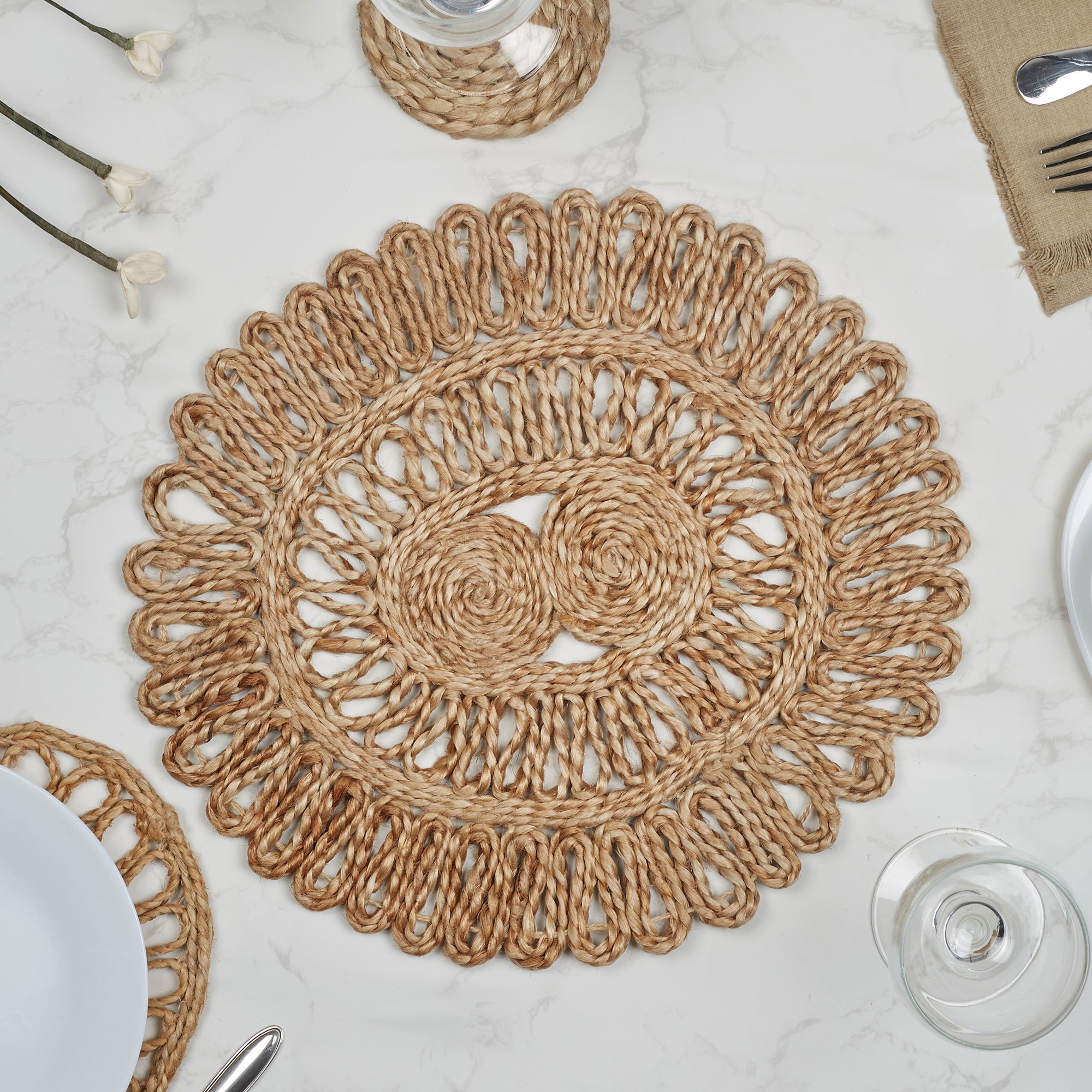 Boho Handmade Jute Placemat Dia 30 Cm in Natural Colour