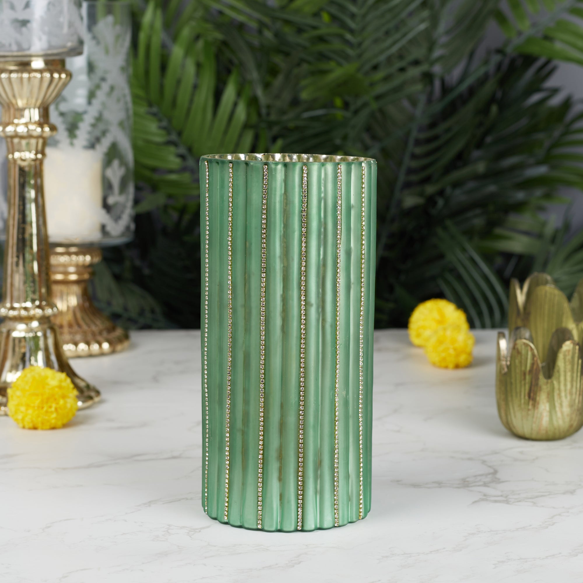 Phiona Glass Diamond Stud Handcrafted Votive 20 Cm in Emerald Colour