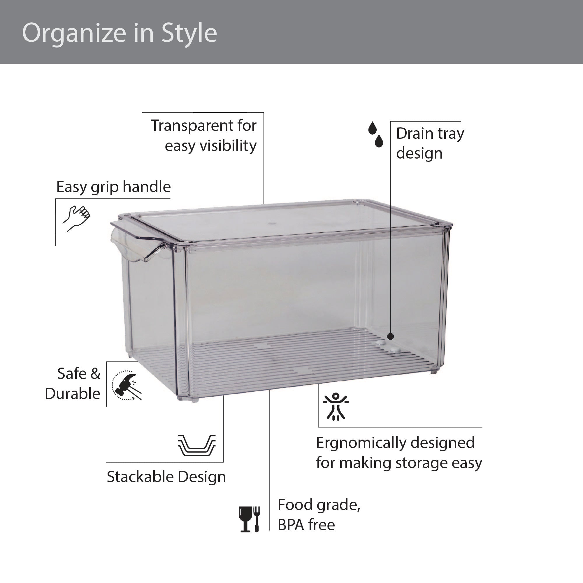 Robusto PET BPA Free Stackable Fridge Organizer with Lid & Drain - 6.1 Ltr in Transparent Colour