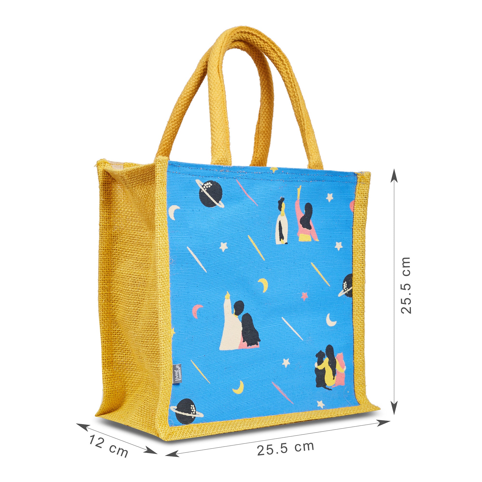 Good Life Jute Reversible Stary Night Printed Lunch Bag 25.5 x 25.5 Cm in Navy Blue & Yellow Colour