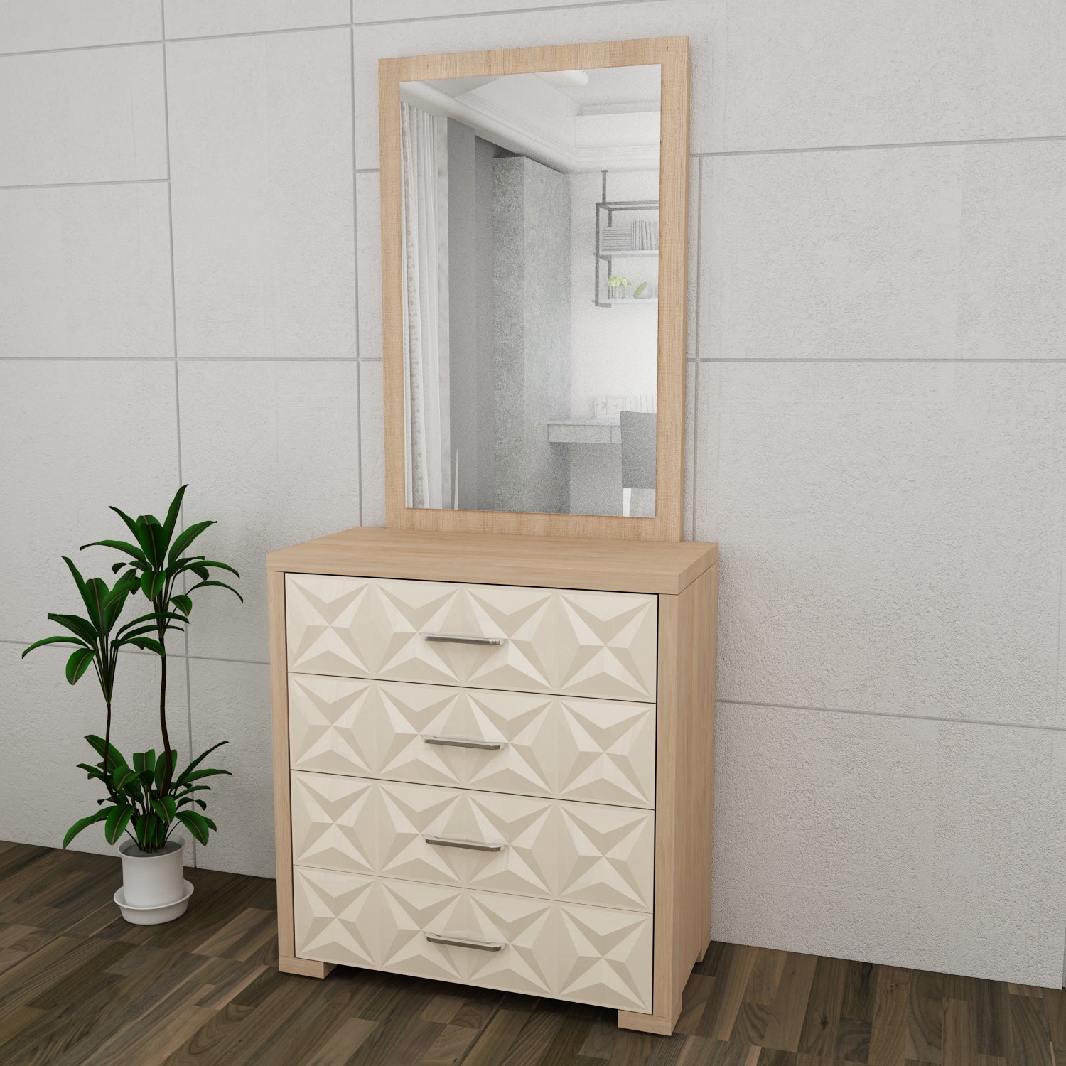Jordan Dresser With Mirror in Sonam Oak & White Colour