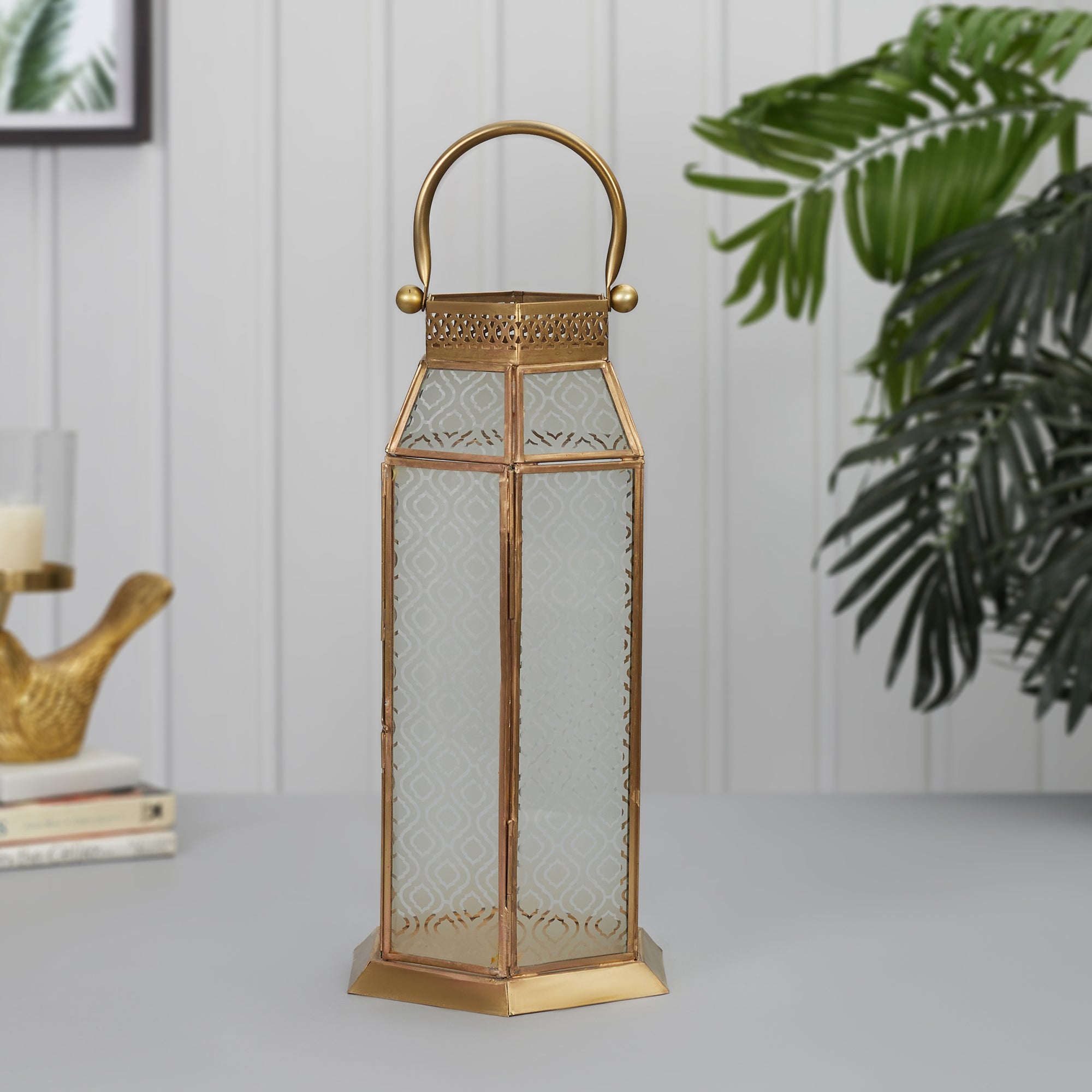 Apollo Iron and Glass Hexagon Lantern 19x37 Cm in Emerald & Gold Colour